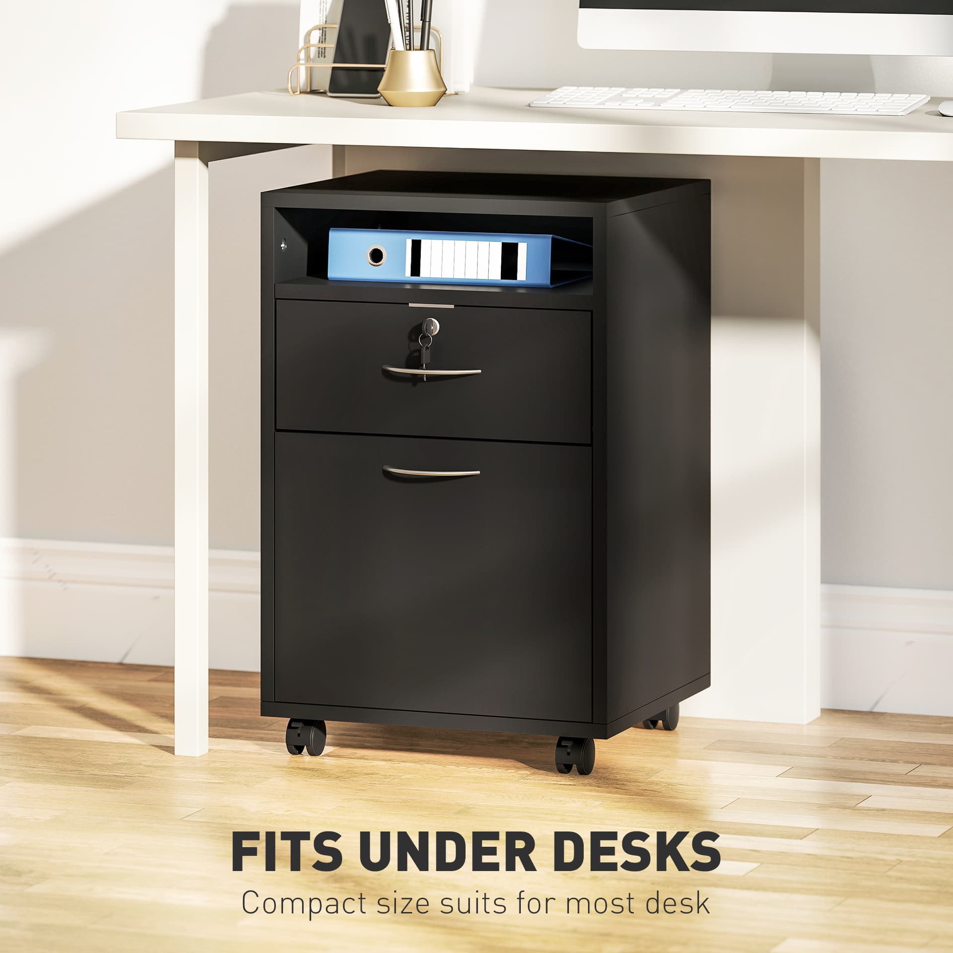 24" Small Filing Cabinet with Open Compartment, Drawer and Wheels, Home Office Storage Cabinet, Black