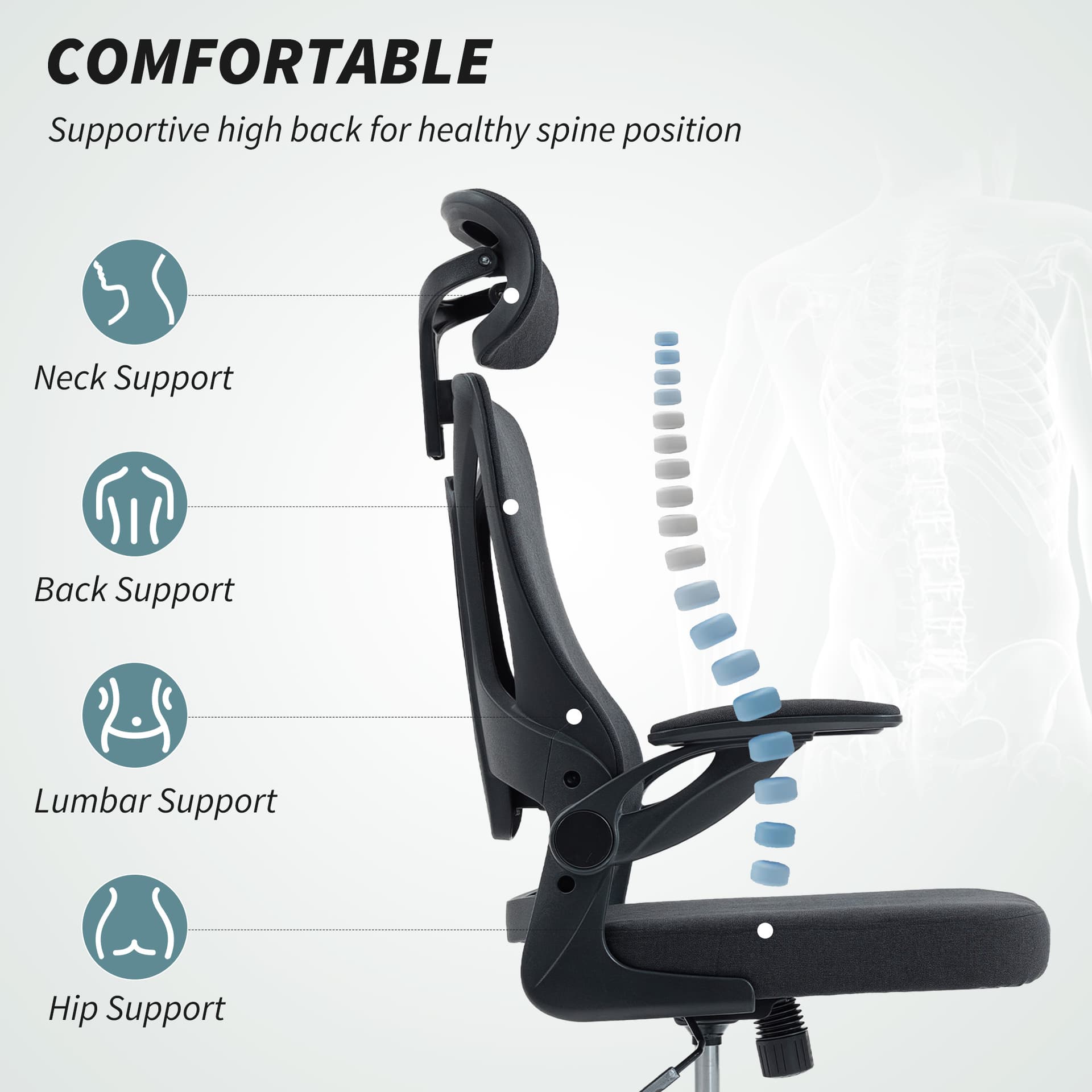 Ergonomic Office Chair, Swivel Desk Chair with Lumbar Support and Adjustable Height, Flip-up Armrests, Wheels, Grey