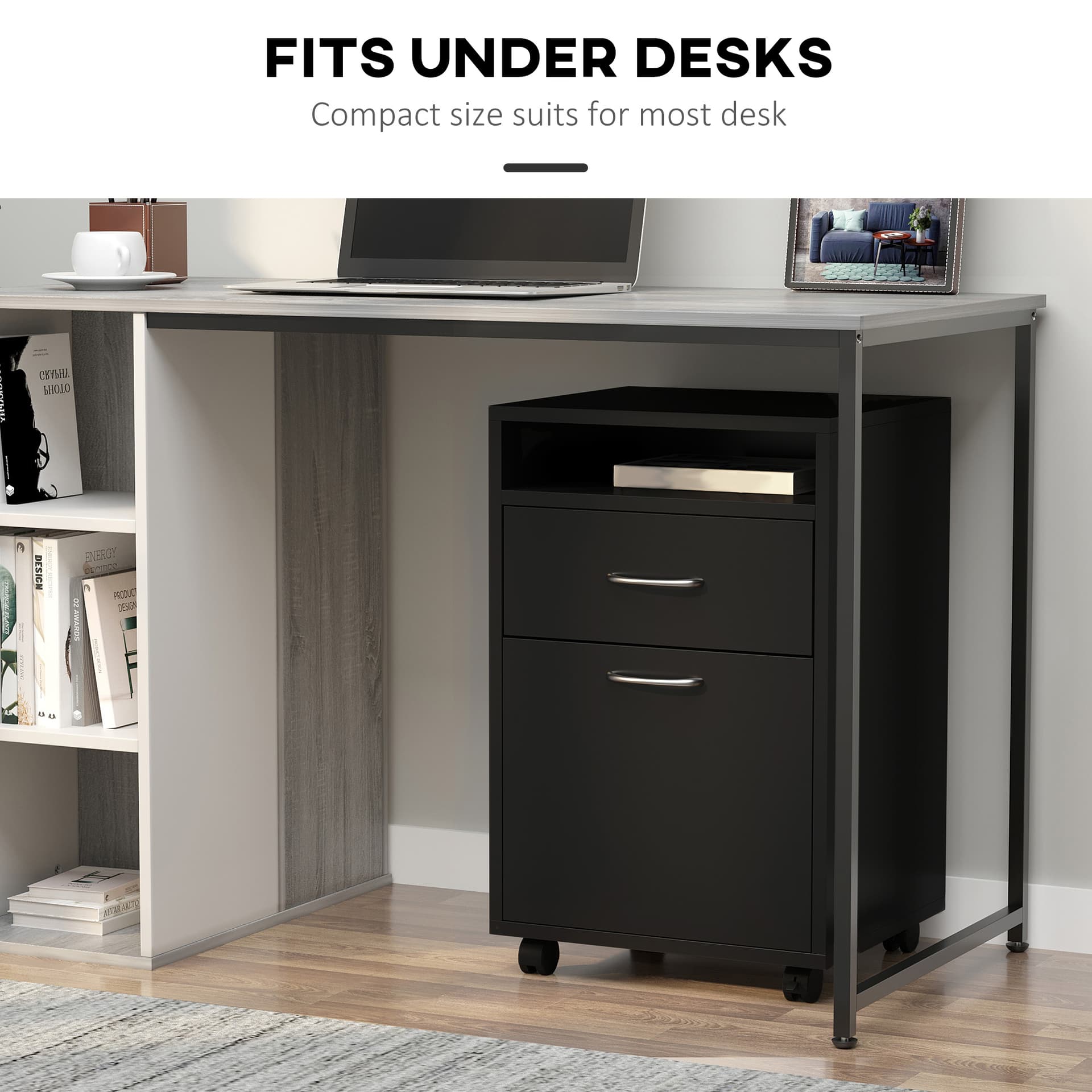24" Small Filing Cabinet with Open Compartment, Drawer and Wheels, Home Office Storage Cabinet, Black