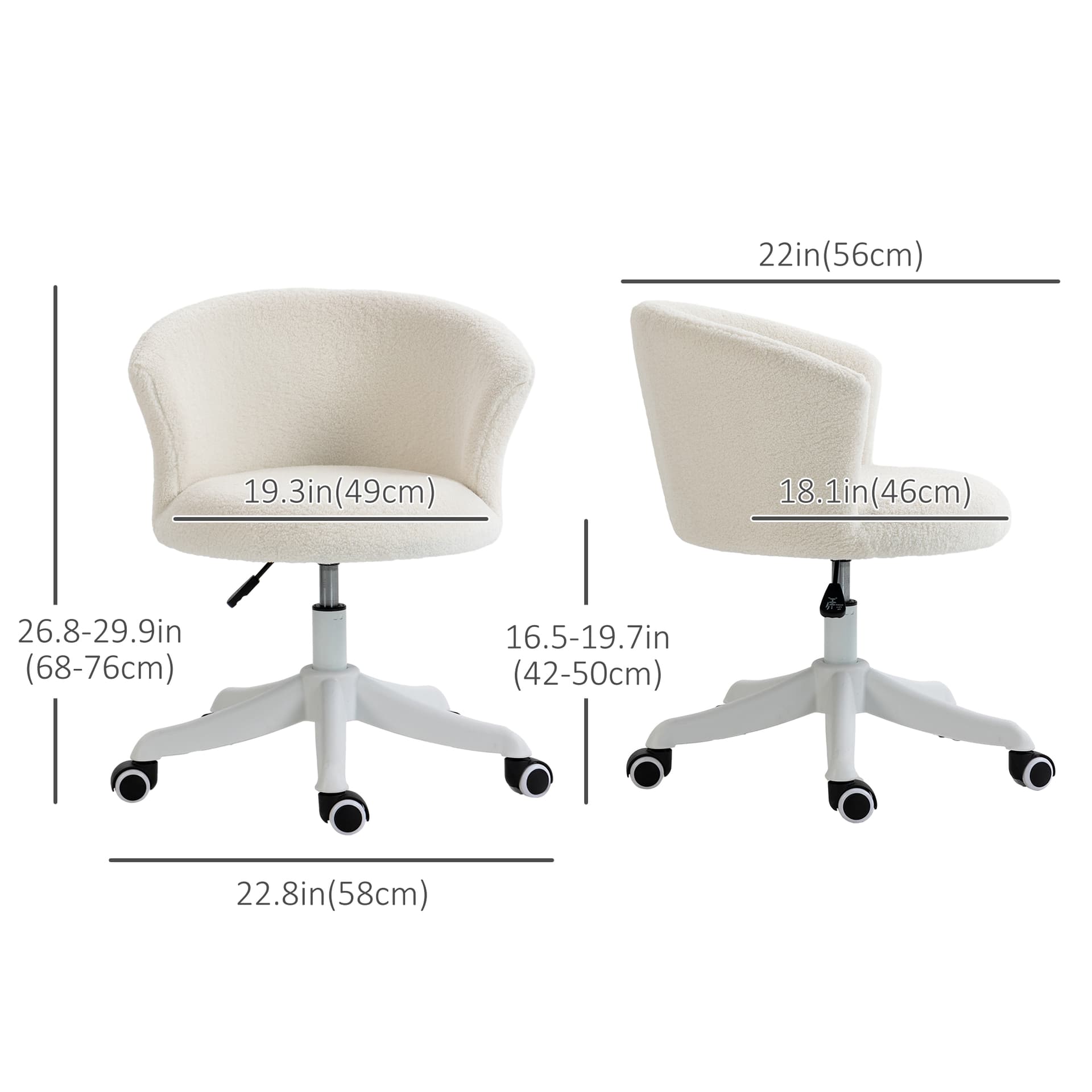 Armless Office Chair, Fluffy Computer Desk Chair with Adjustable Height, Swivel Wheels, Mid Back, White