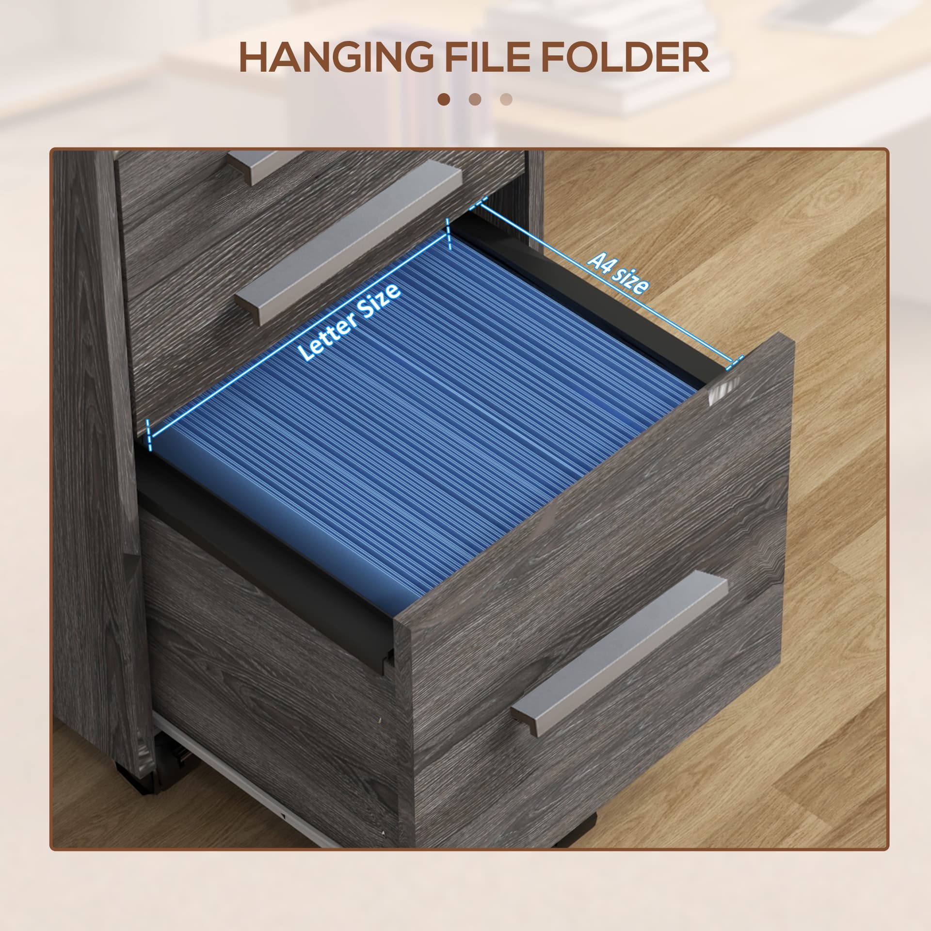 3 Drawer Vertical File Cabinet, Mobile Filing Cabinet with Lock and Wheels for A4, Letter Size, Grey