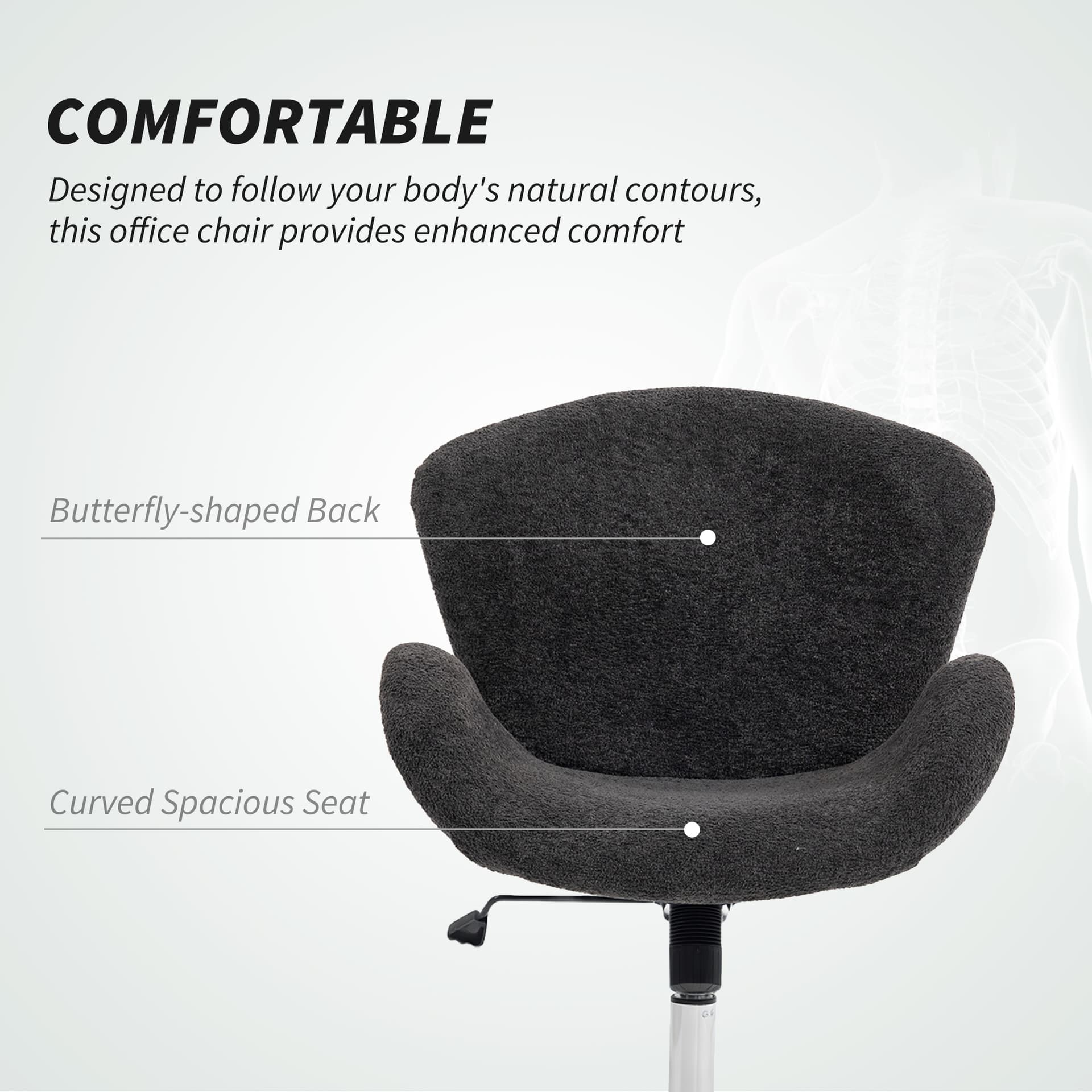Swivel Office Chair, Velvet Desk Chair with Wide Bucket Seat, Butterfly Back, Tilt Function and Round Base, Dark Grey