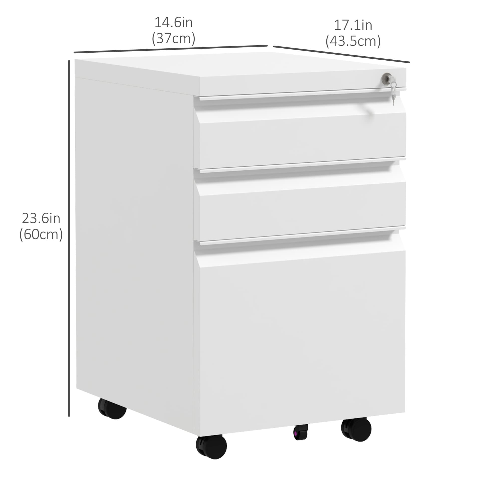 3 Drawer File Cabinet with Lock, Steel Vertical Filing Cabinet with 5 Wheels and Hanging Bar for A4/Legal/Letter, Home Office Printer Stand with Pre-Assembled Body, White
