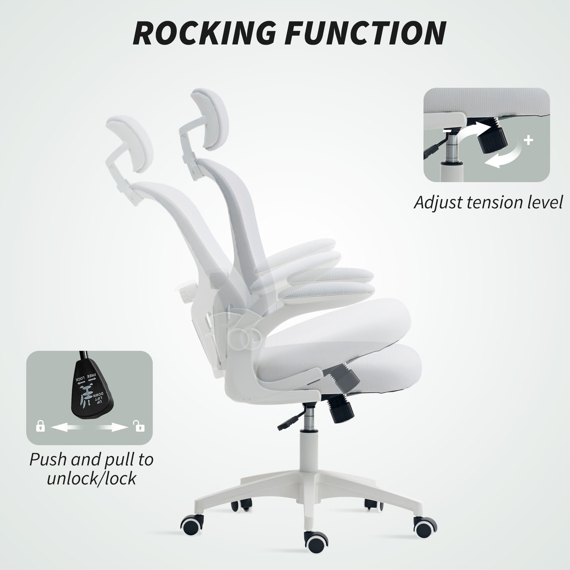 Office Chair, Mesh Computer Desk Chair with Adjustable Headrest, 4D Lumbar Support, Flip-up Arm, White