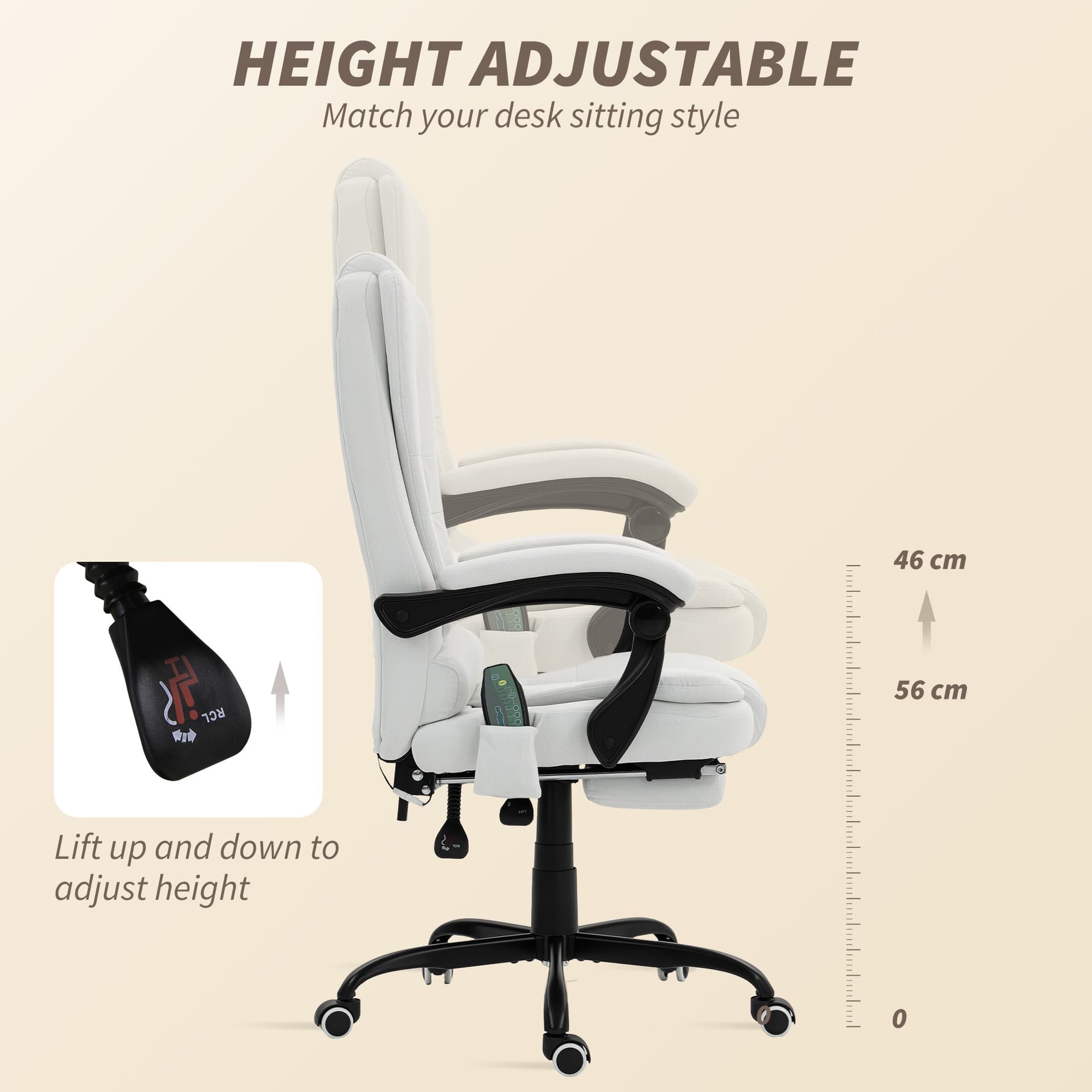 7-Point Vibrating Massage Chair, Reclining Office Chair with Footrest, Reclining Back, Adjustable Height, White