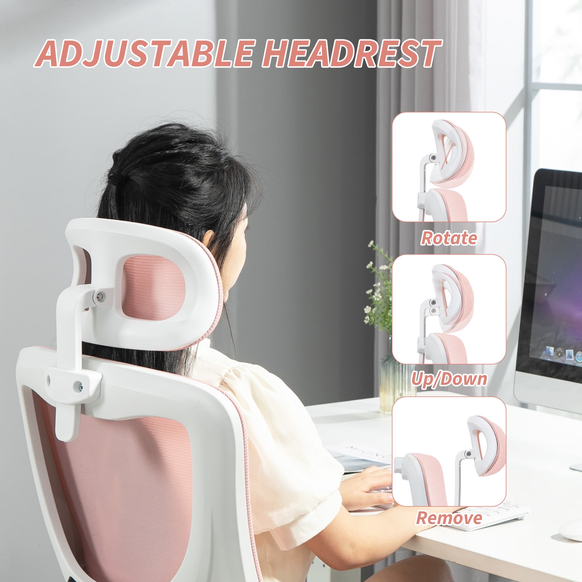 High Back Office Chair, Mesh Computer Desk Chair with Rotatable Headrest, Lumbar Back Support, Adjustable Height, Pink