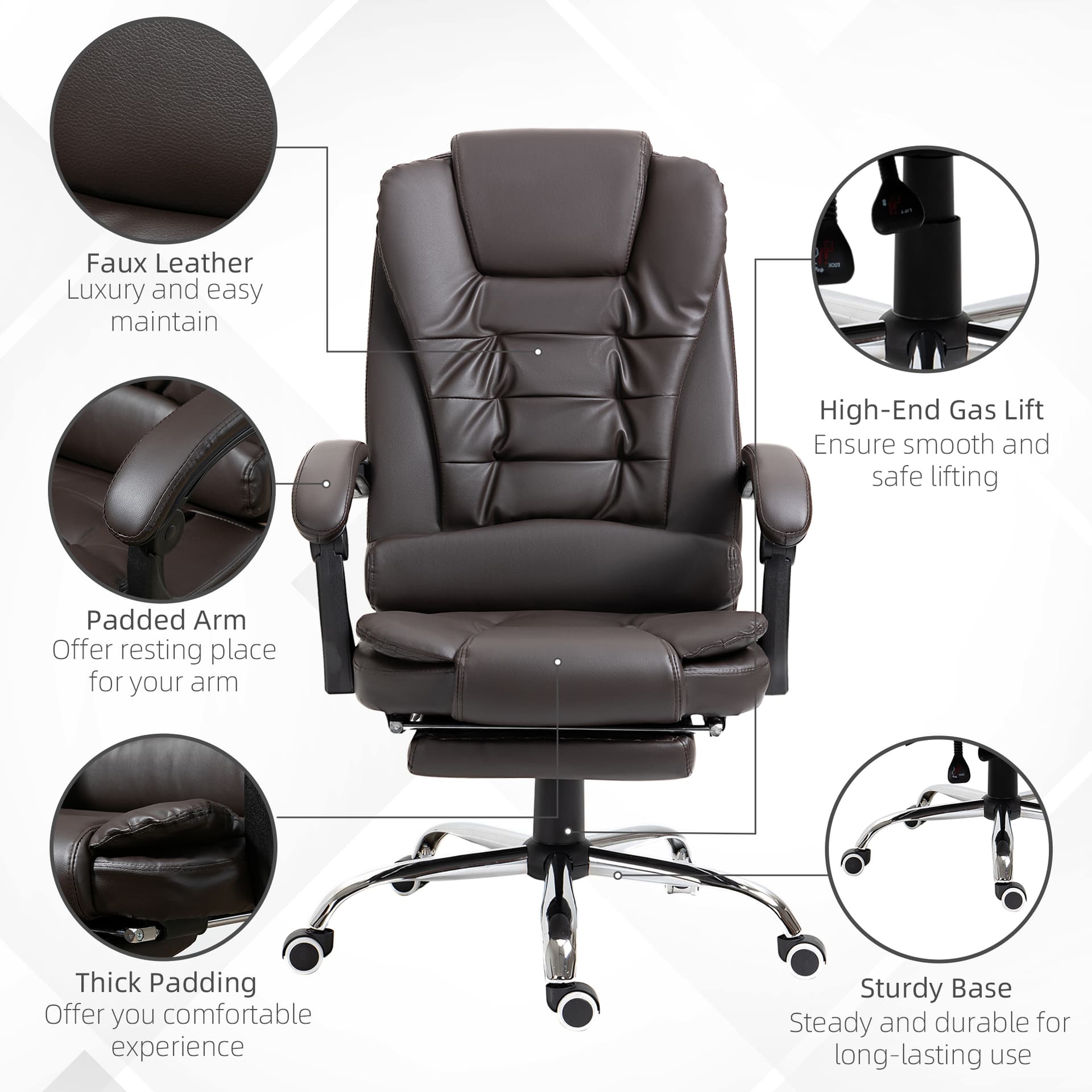 High Back Office Chair PU Leather Executive Office Chair with Retractable Footrest Padded Armrest Coffee - Executive & Manager Chairs - Office Furniture