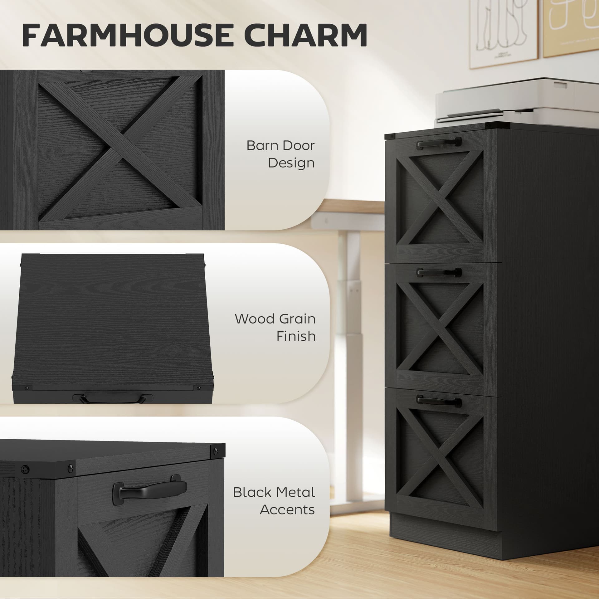 3 Drawer File Cabinet with Silent Slides, Vertical Farmhouse Filing Cabinet Fits Letter/A4 Size Home Office, Black