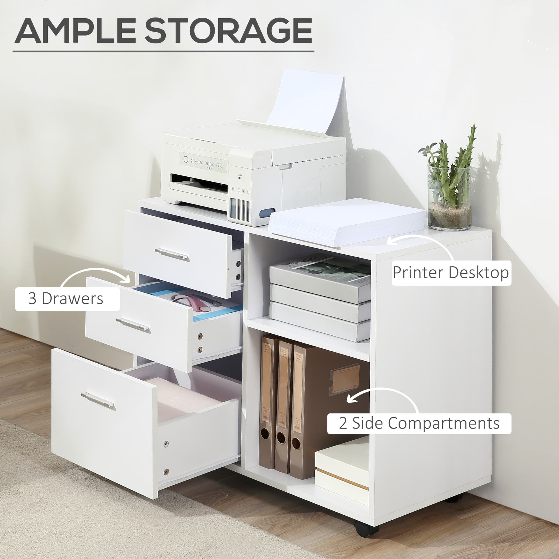 Modern Lateral Filing Cabinet, 3 Drawer File Cabinet for Letter and A4 Size Documents, Mobile, Printer Stand with Open Shelves, Rolling Wheels, White