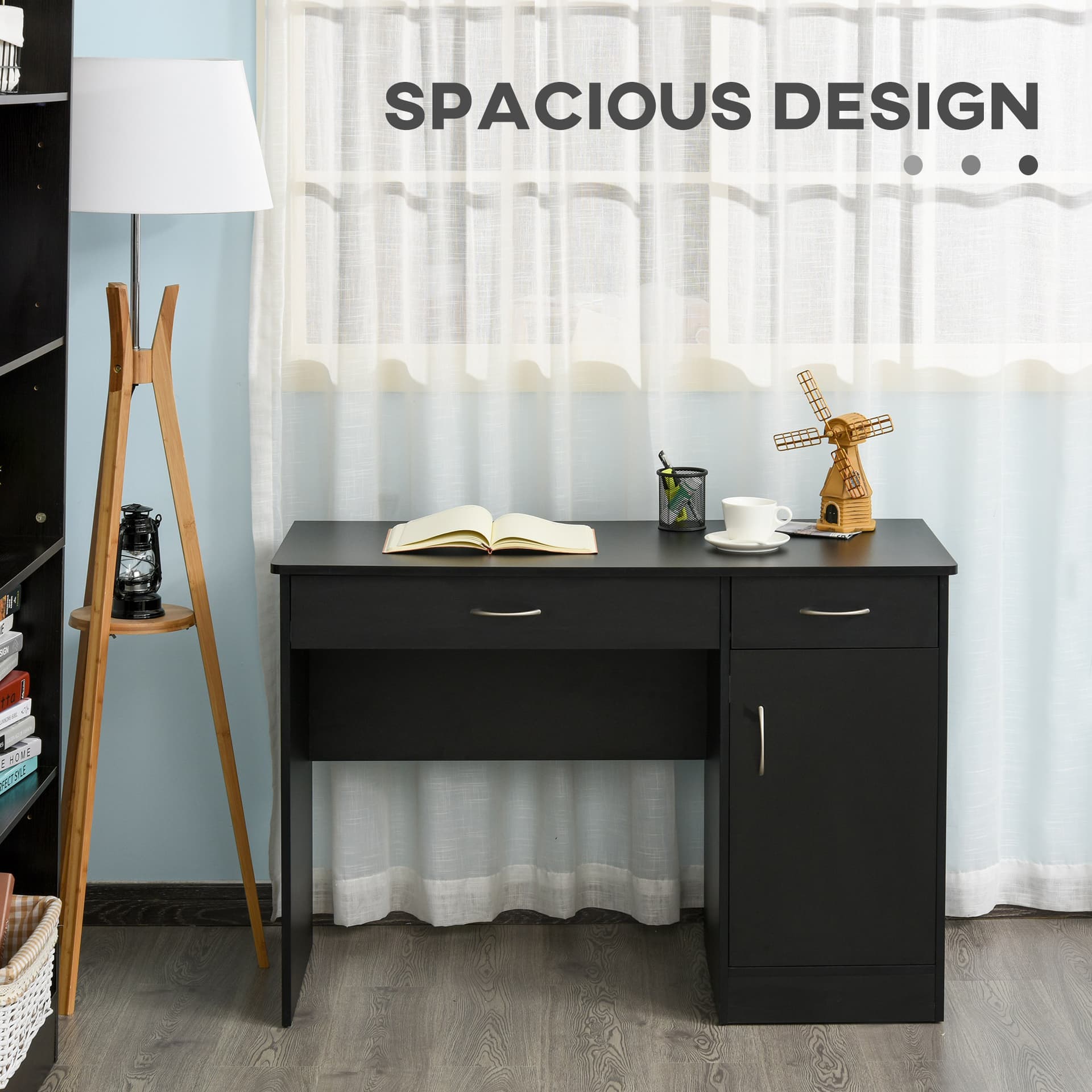 Computer Desk with Storage Drawers, Study Writing Table with Cabinet Adjustable Shelf for Home Office Workstation Bedroom, Black