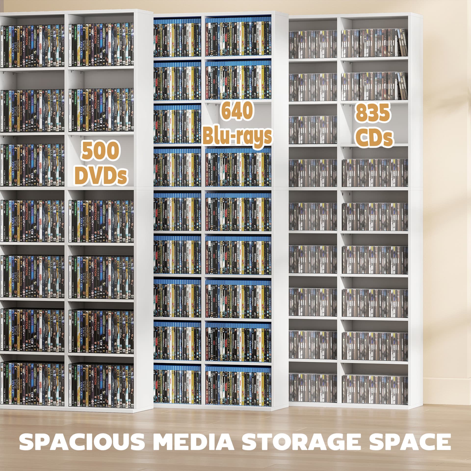 Media Storage Cabinet, 9-Tier DVD Shelf with 21 Adjustable Shelves, Holds 835 CDs, 500 DVDs or 640 Blu-rays, White