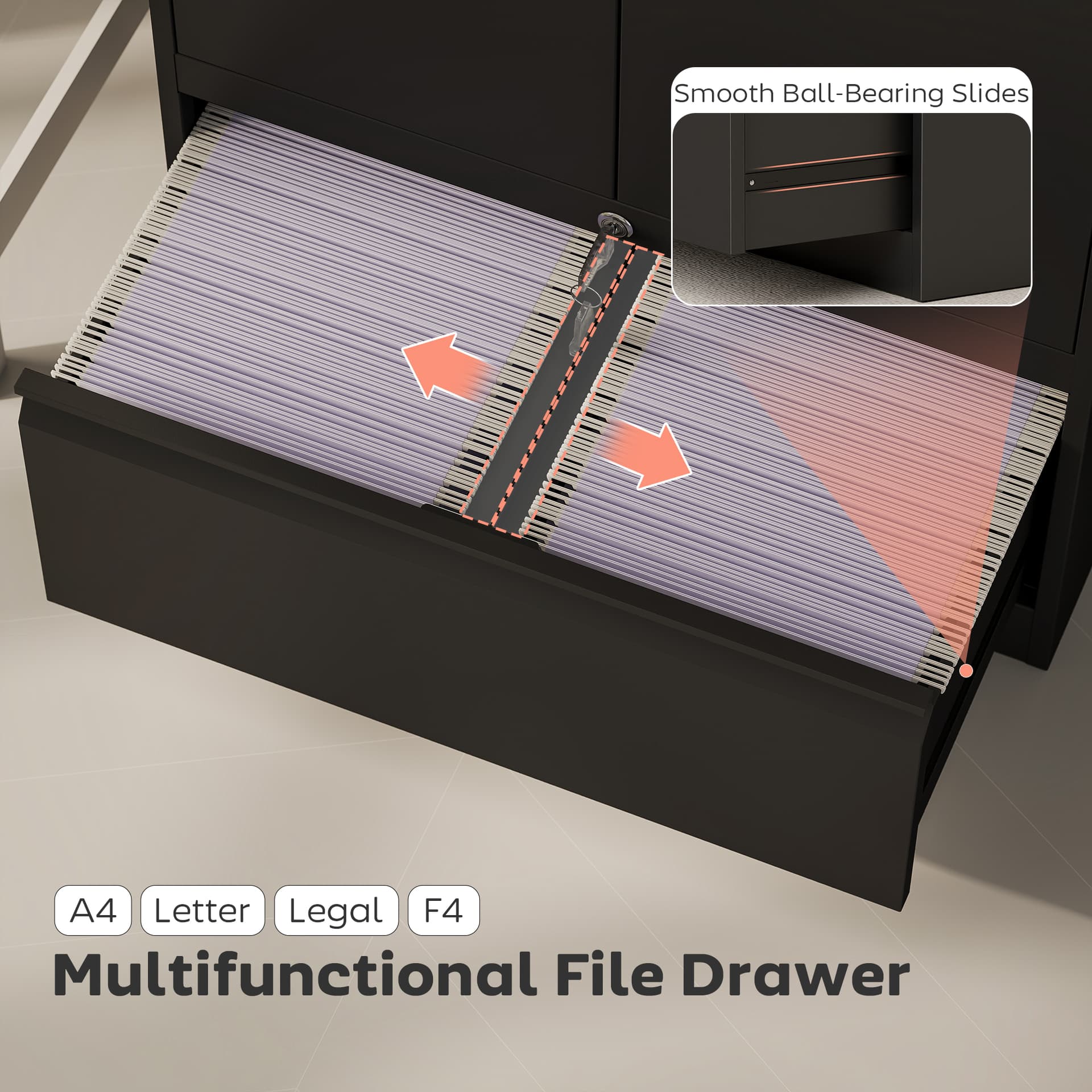 Lateral Filing Cabinet, Metal Storage Cabinet, Garage Cabinet with Double Locks, Adjustable Shelf and File Drawer, Black