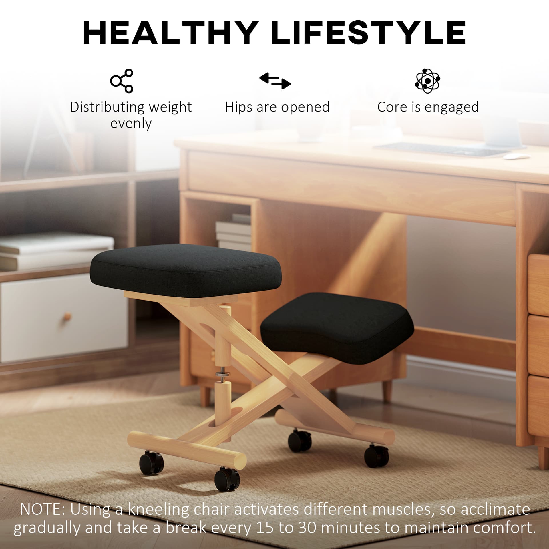 Ergonomic Kneeling Chair, Posture Chair with Rubberwood Frame, Rolling Wheels for Office, Posture Correction, Black