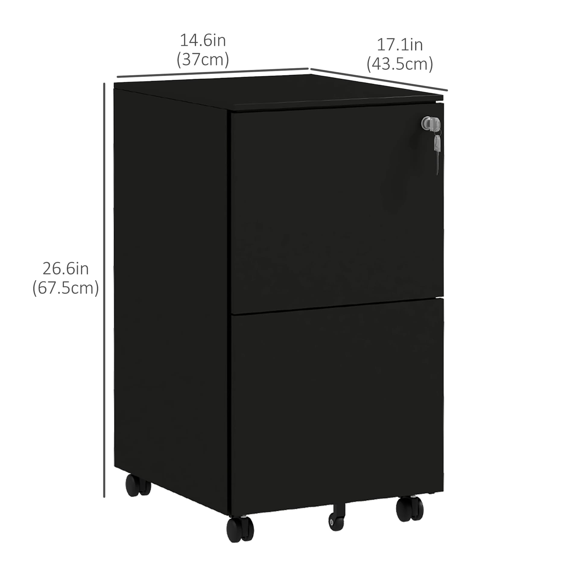 Vertical Steel Filing Cabinet on Wheels, 2-Drawer Lockable File Cabinet with Adjustable Hanging Bar for A4, Legal and Letter Size, Black