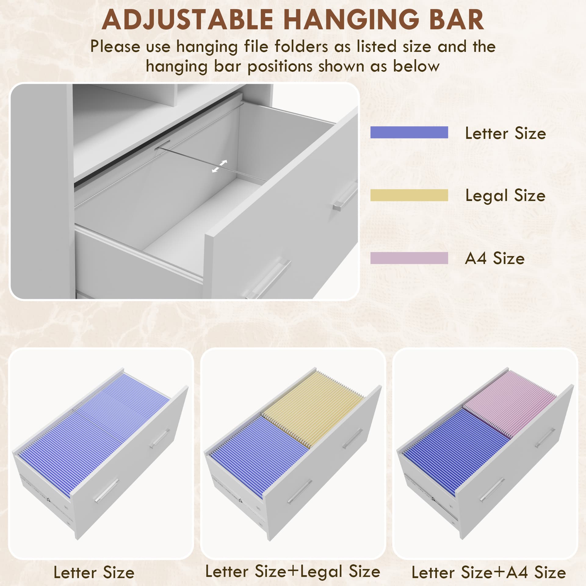 Mobile Filing Cabinet, Rolling File Cabinet with Drawer and Adjustable Hanging Bar for Letter, A4 and Legal Size, White