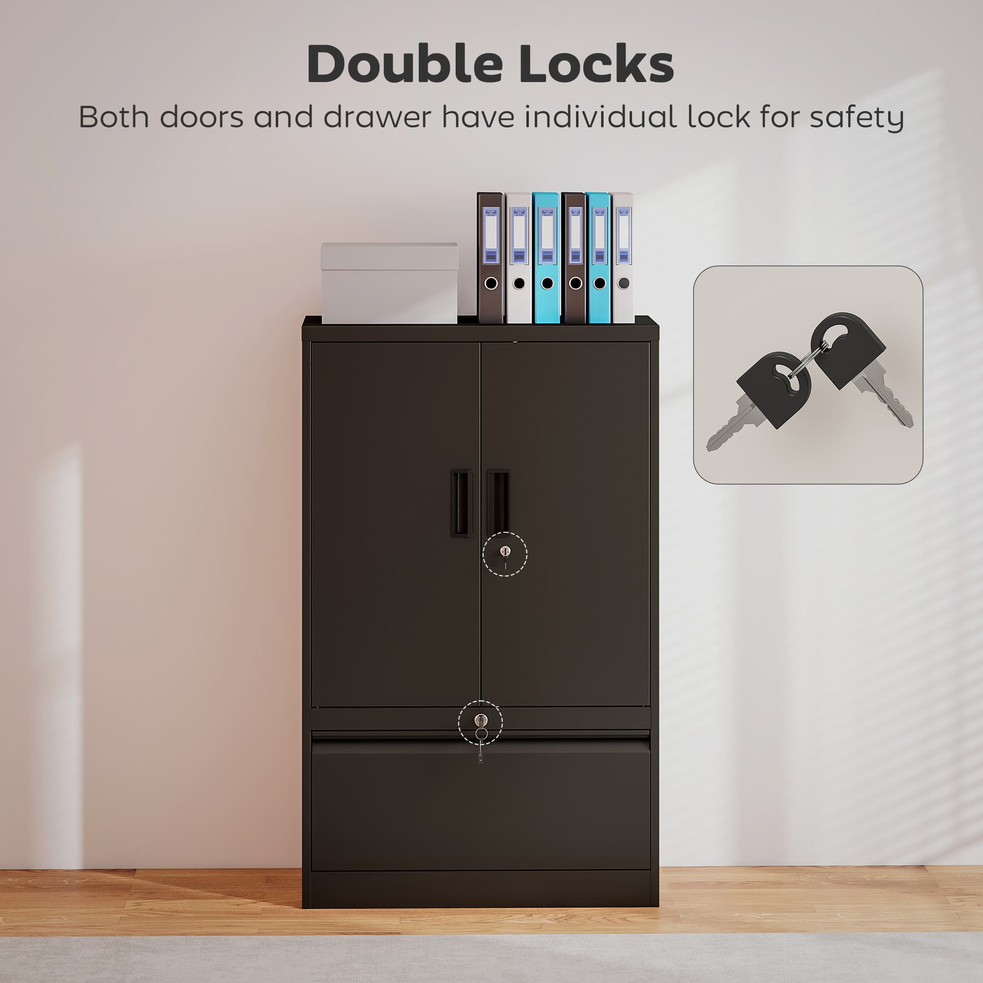 Lateral Filing Cabinet, Metal Storage Cabinet, Garage Cabinet with Double Locks, Adjustable Shelf and File Drawer, Black