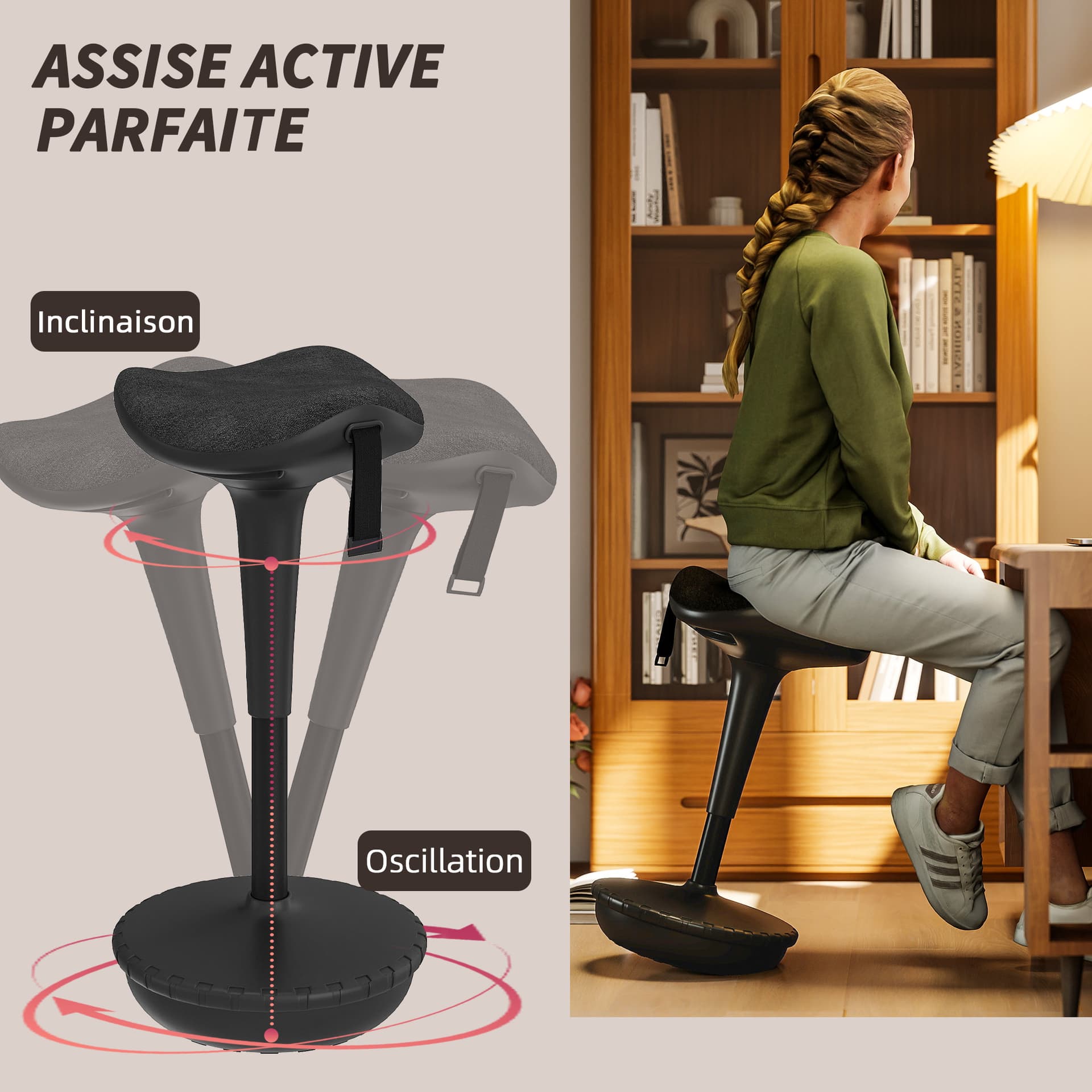 Swivel Standing Desk Chair, Adjustable Active Ergonomic Standing Stool, Backless Wobble Stool Chair, Black