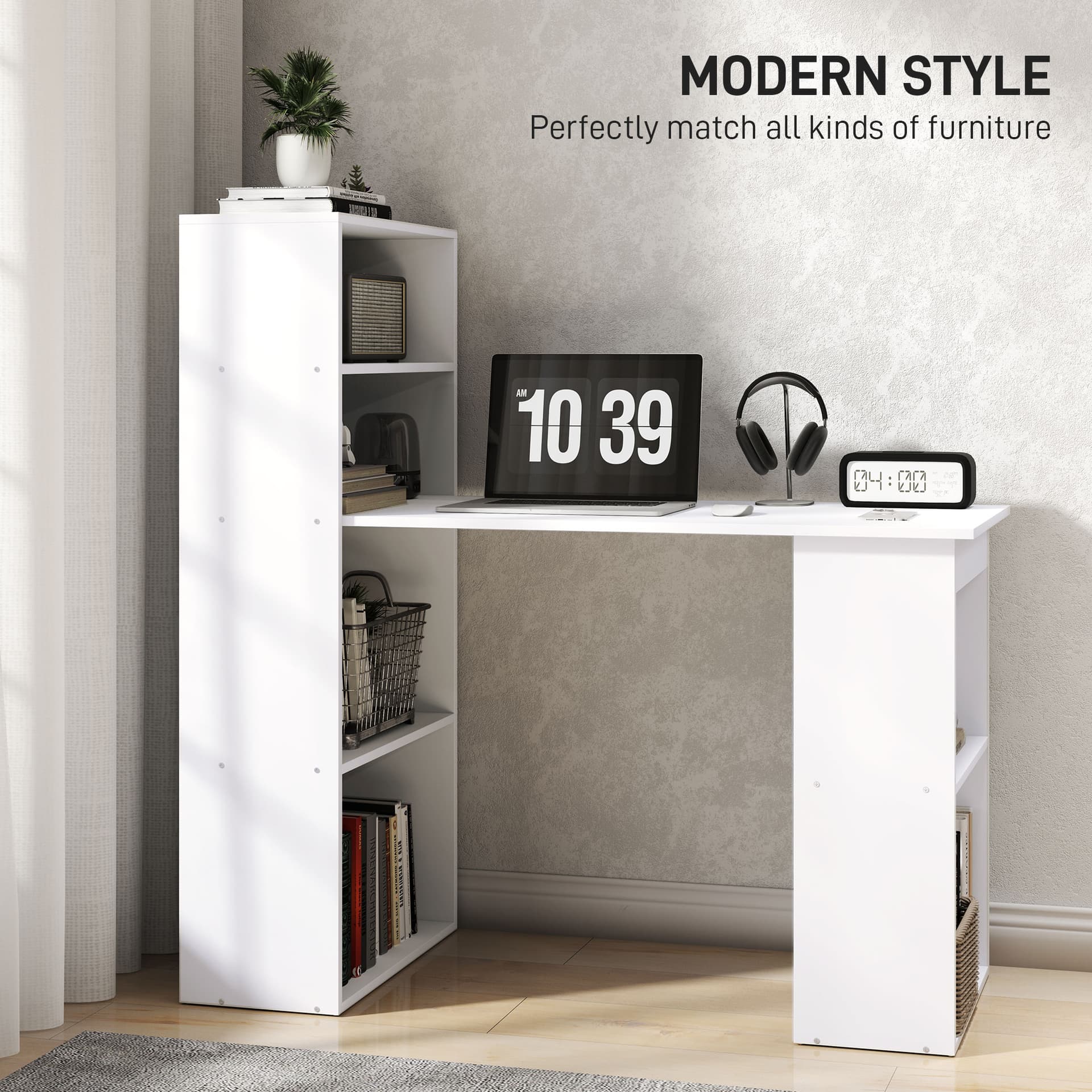Modern Computer Desk with Storage Shelves, 47" Writing Table Workstation with Bookshelf for Home Office, White