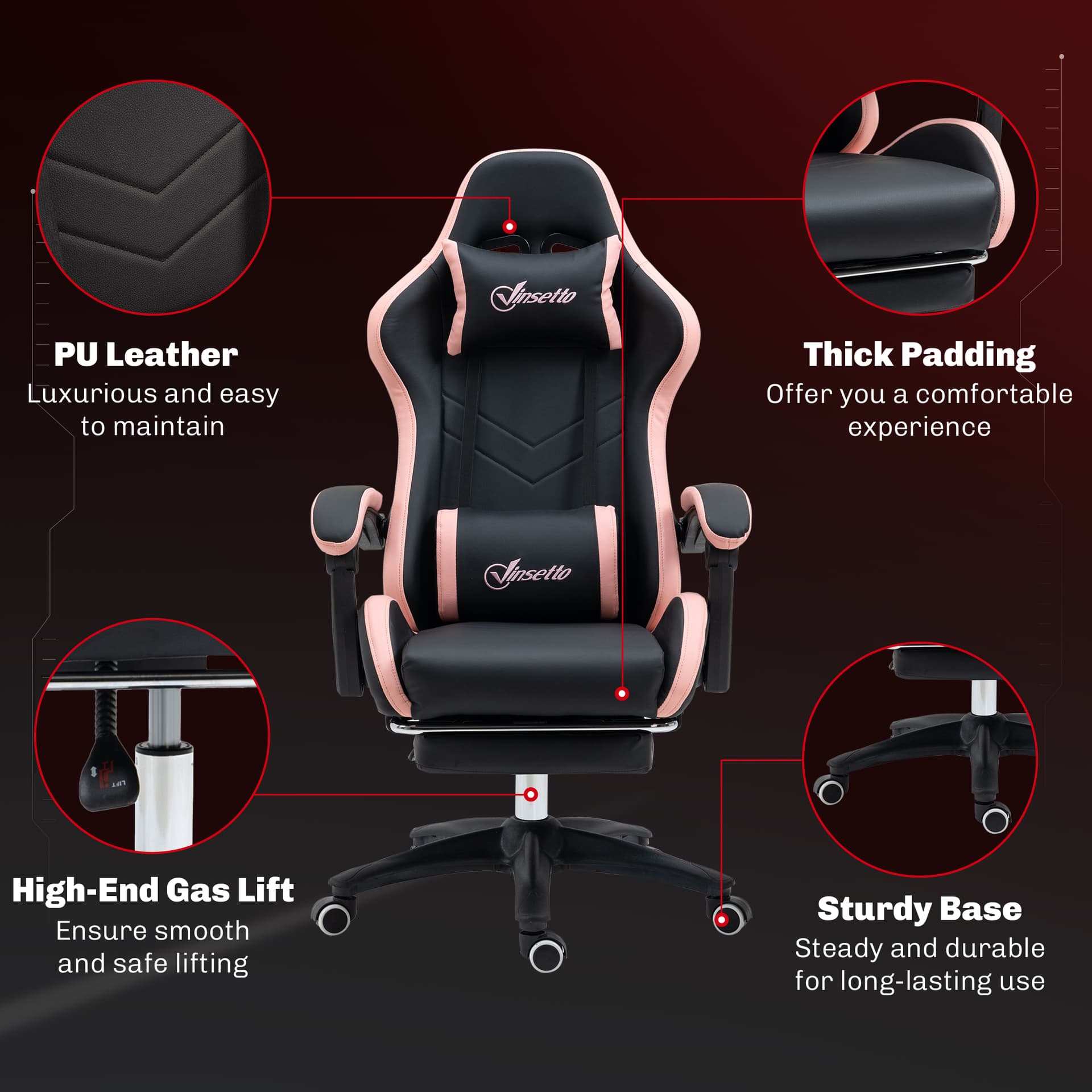 Computer Gaming Chair, PU Leather Office Desk Chair with Footrest, Swivel Wheels, 135° Reclining Back, Black