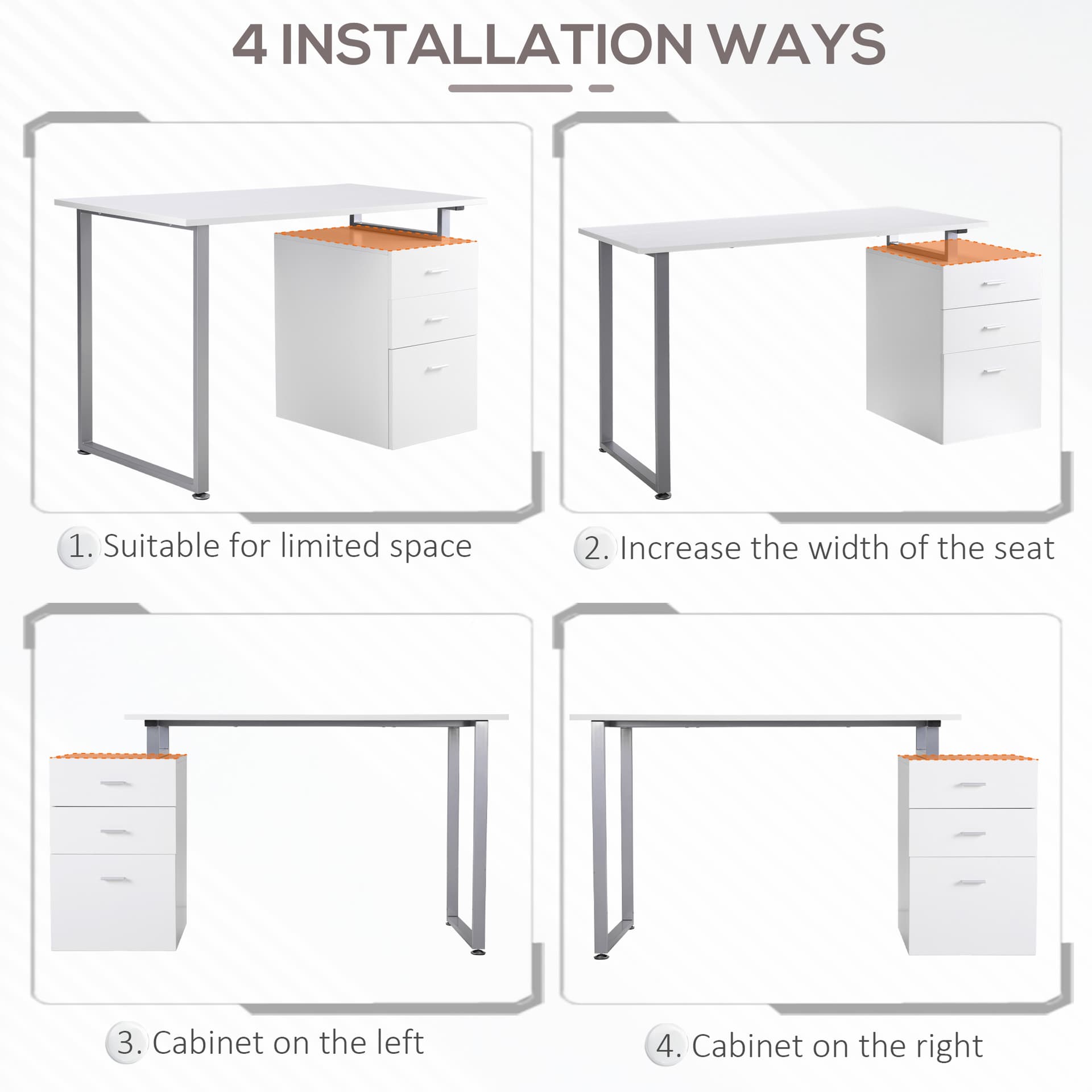 47" Computer Desk Writing Table Workstation with Multi-Use Reversible File Drawers Metal Frame Home Office Furniture, White