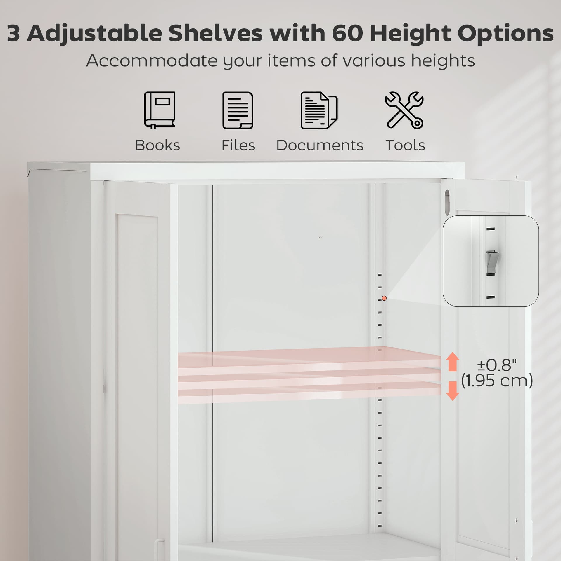 Office Storage Cabinet, Lockable Filing Cabinet with 3 Adjustable Shelves and 2 Doors for Home Office, Garage, White