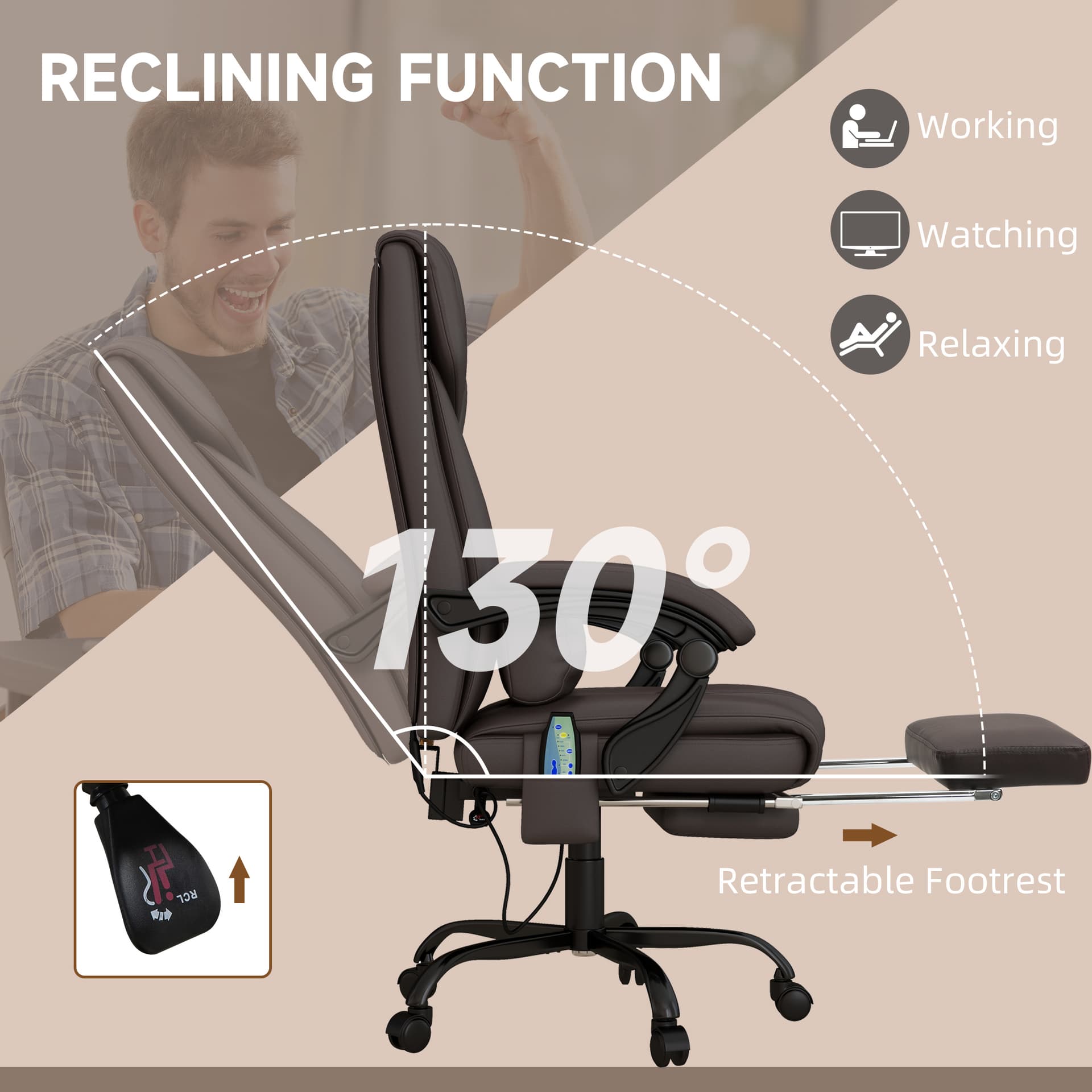6-Point Vibration Massage Chair, Height Adjustable Reclining Computer Chair with Retractable Footrest, Brown