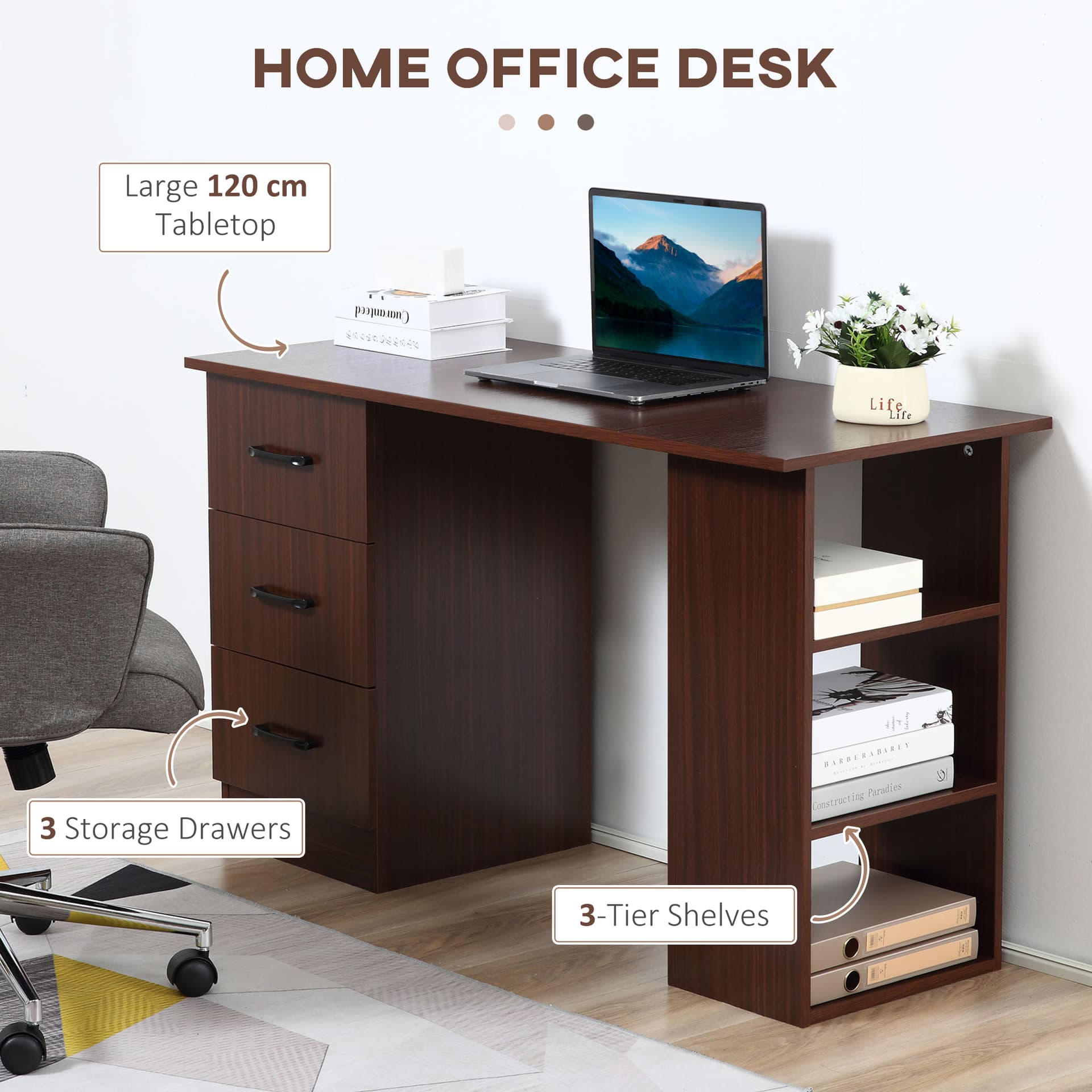 Computer Desk, 47" Writing Table with 3-Tier Shelves and 3 Reversible Drawers for Home Office, Bedroom, Walnut