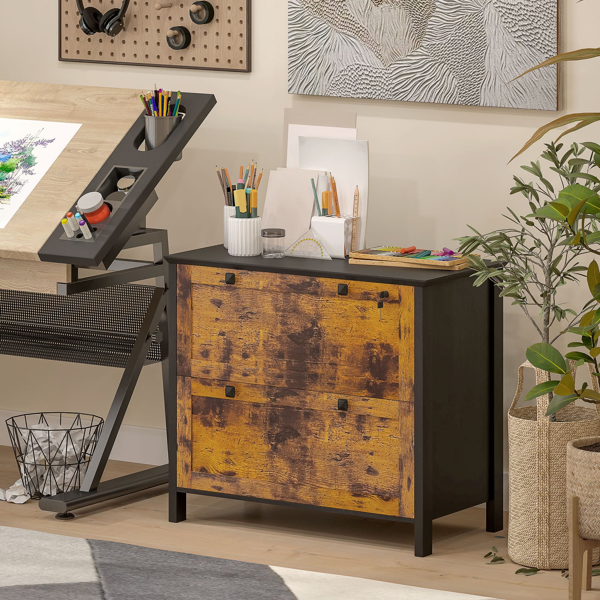 2 Drawer File Cabinet, Lockable Filing Cabinet with Adjustable Hanging Bar for Letter, A4 Size, Rustic Brown