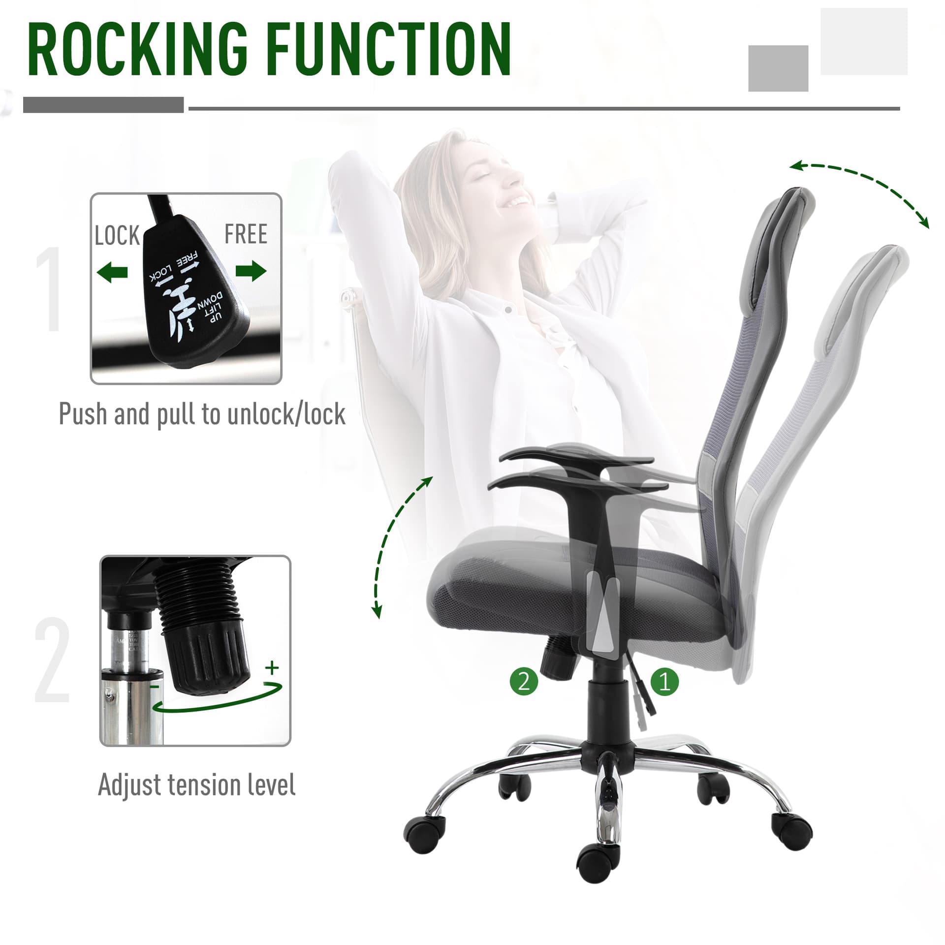 Office Chair High Back Mesh Ergonomic Computer Desk Seat Thick Padded Headrest with Armrest Office Grey