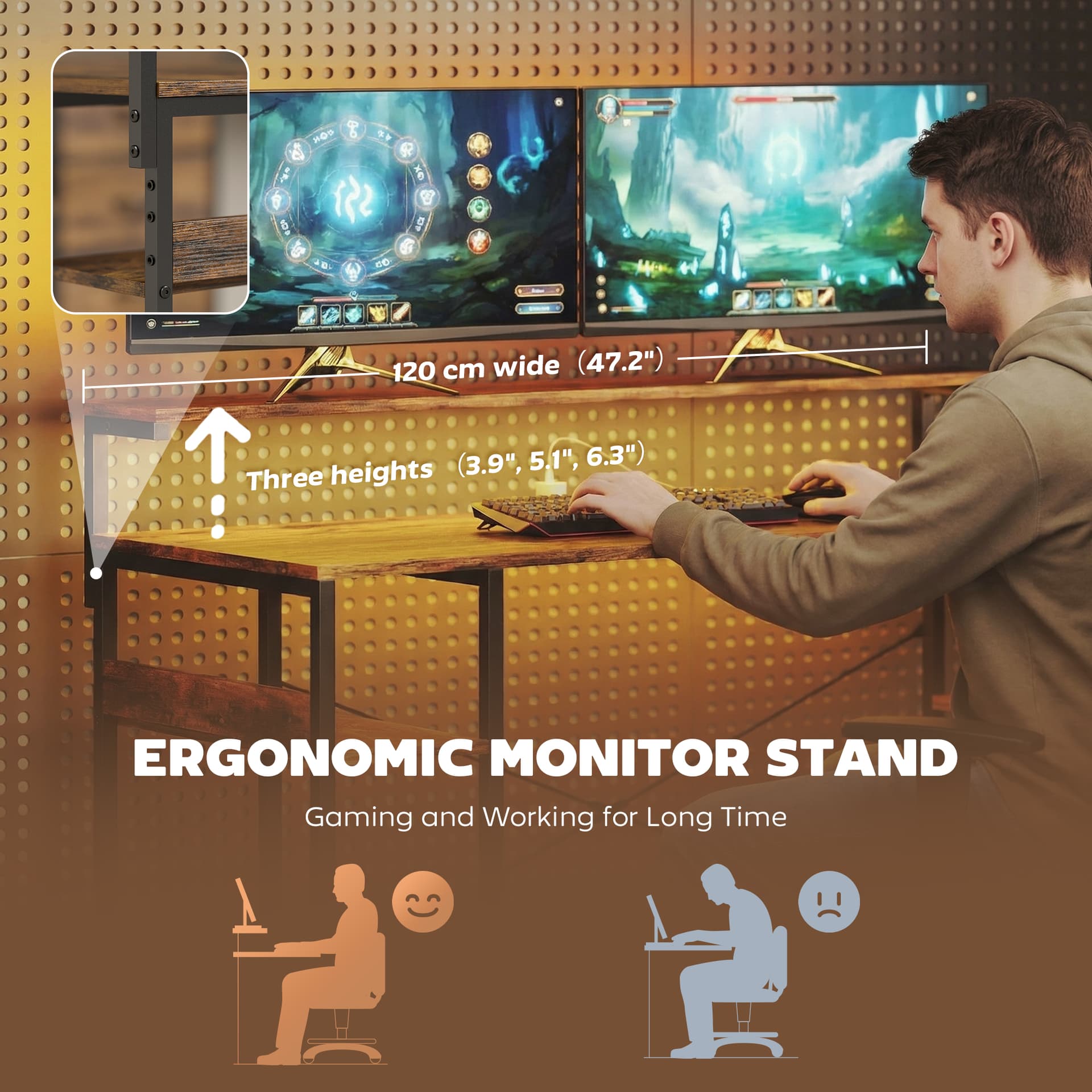 Gaming Desk with Power Outlets LED Lights Computer Desk with Drawers Monitor Stand 61" Rustic Brown