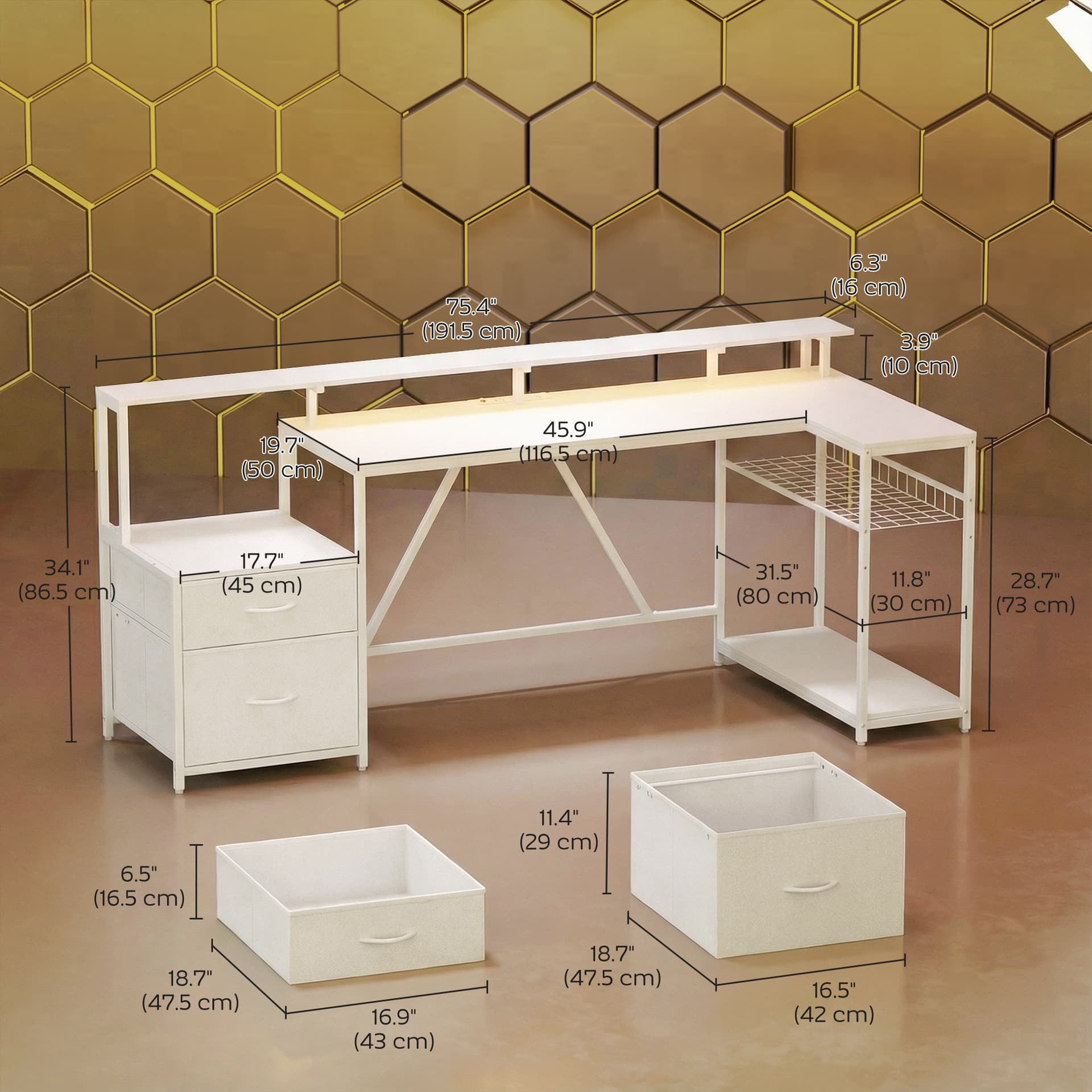 76" Gaming Desk, Reversible Computer Table with RGB Lights, USB Ports, Monitor Stand and 2 Fabric Drawers, White