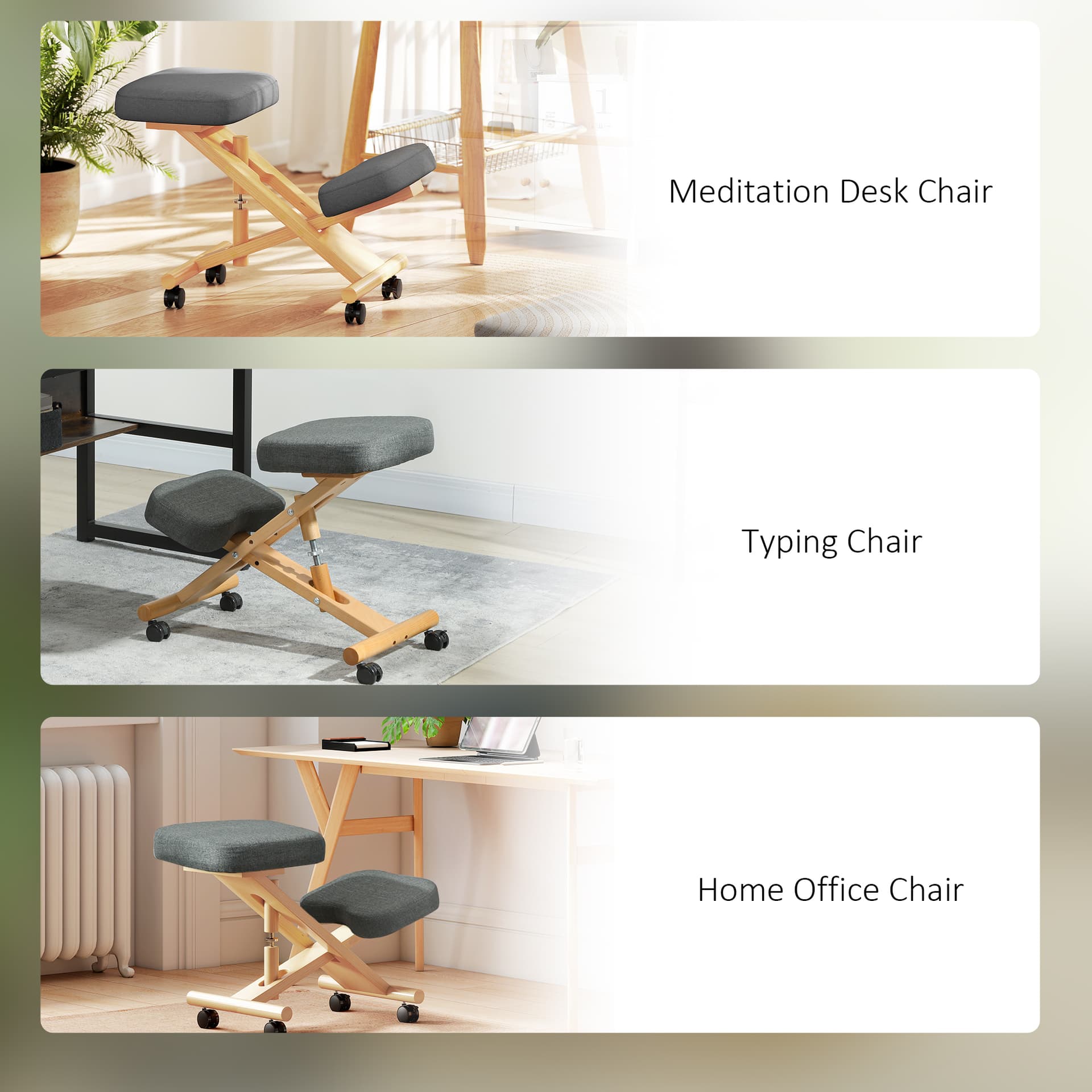Ergonomic Kneeling Chair, Posture Chair with Rubberwood Frame, Wheels for Office, Posture Correction, Dark Grey