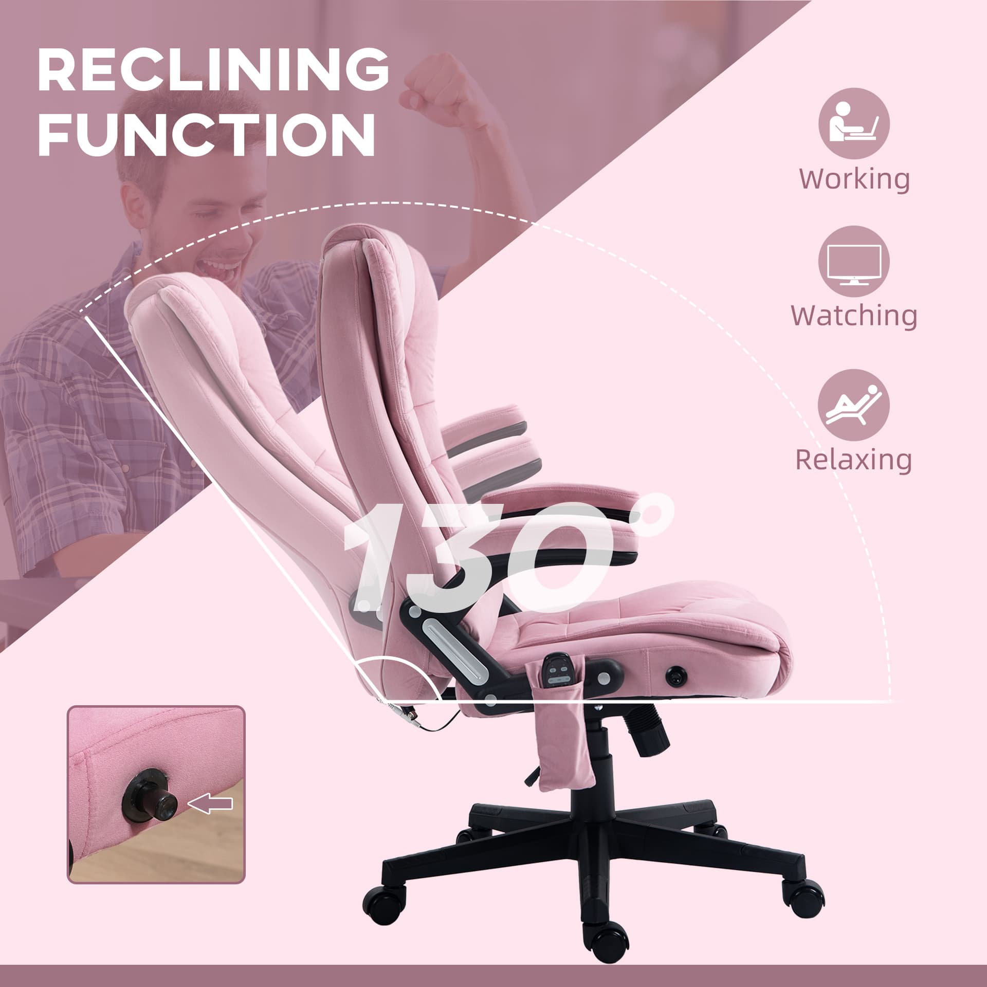 Reclining Massage Office Chair, Executive Office Chair with High Back, Swivel Wheels, Pink