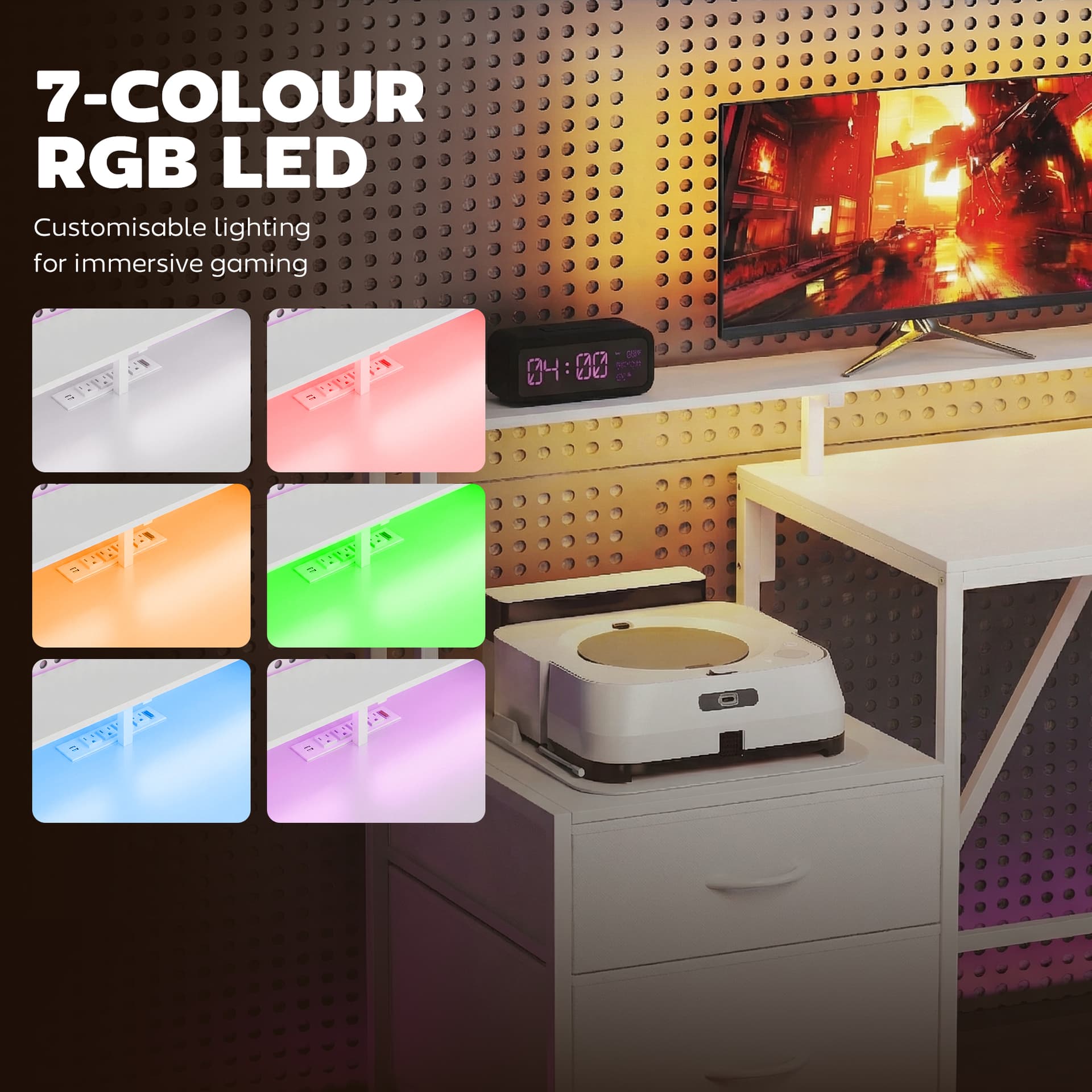 76" Gaming Desk, Reversible Computer Table with RGB Lights, USB Ports, Monitor Stand and 2 Fabric Drawers, White