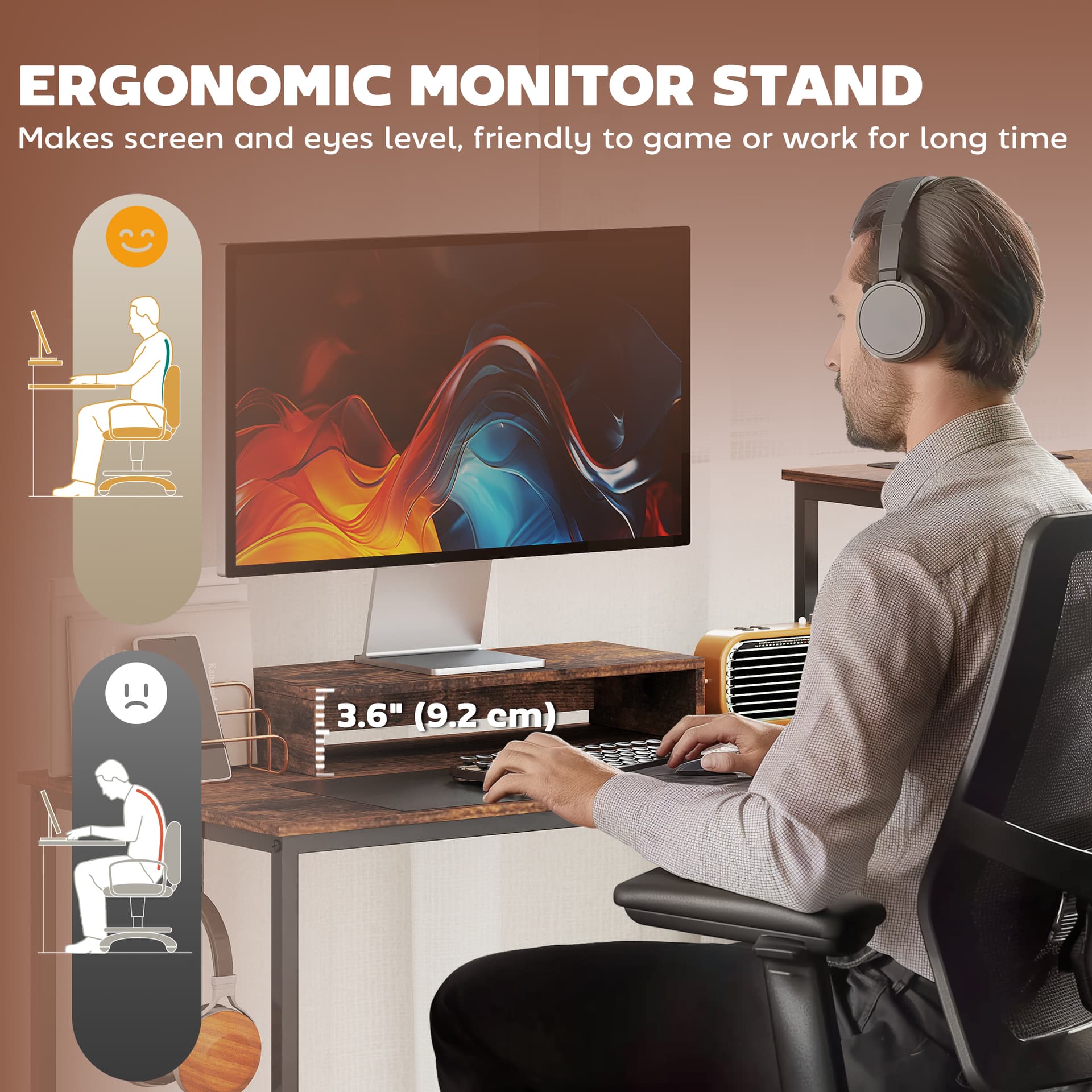 96 Inch Gaming Desk, Dual Computer Desk for 2 Person with Power Outlets and Monitor Stands, Rustic Brown