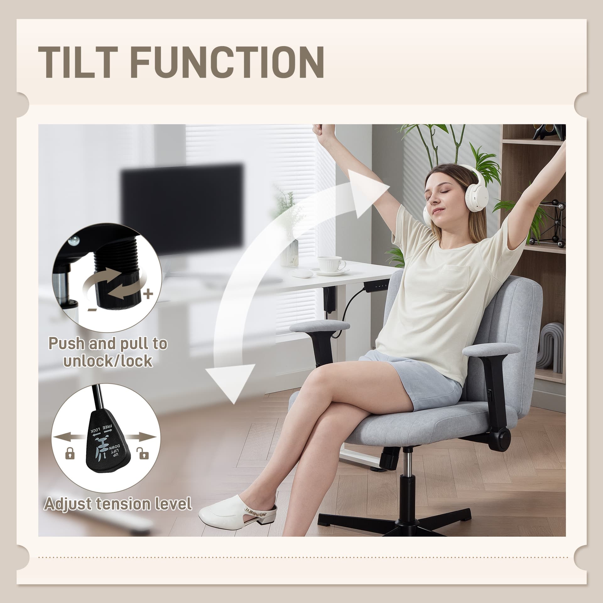 Criss Cross Chair with Flip-up Armrests, Wide Office Chair with Adjustable Height, Tilting, No Wheels, Grey