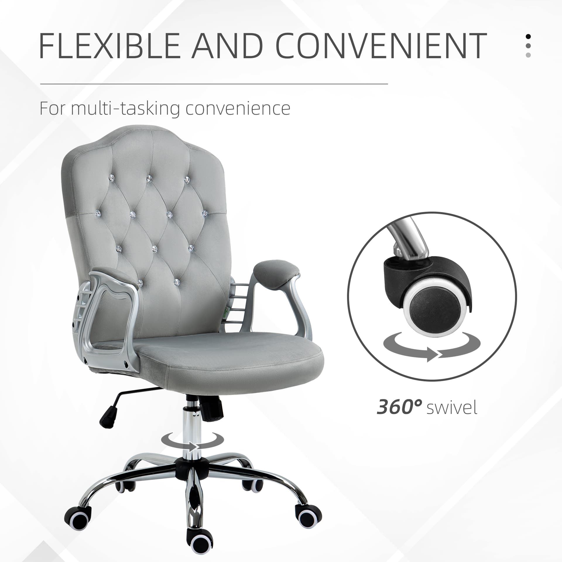Office Chair, Velvet Computer Desk Chair with Swivel Wheels, Adjustable Height, Tilt Function, Button Tufted, Grey