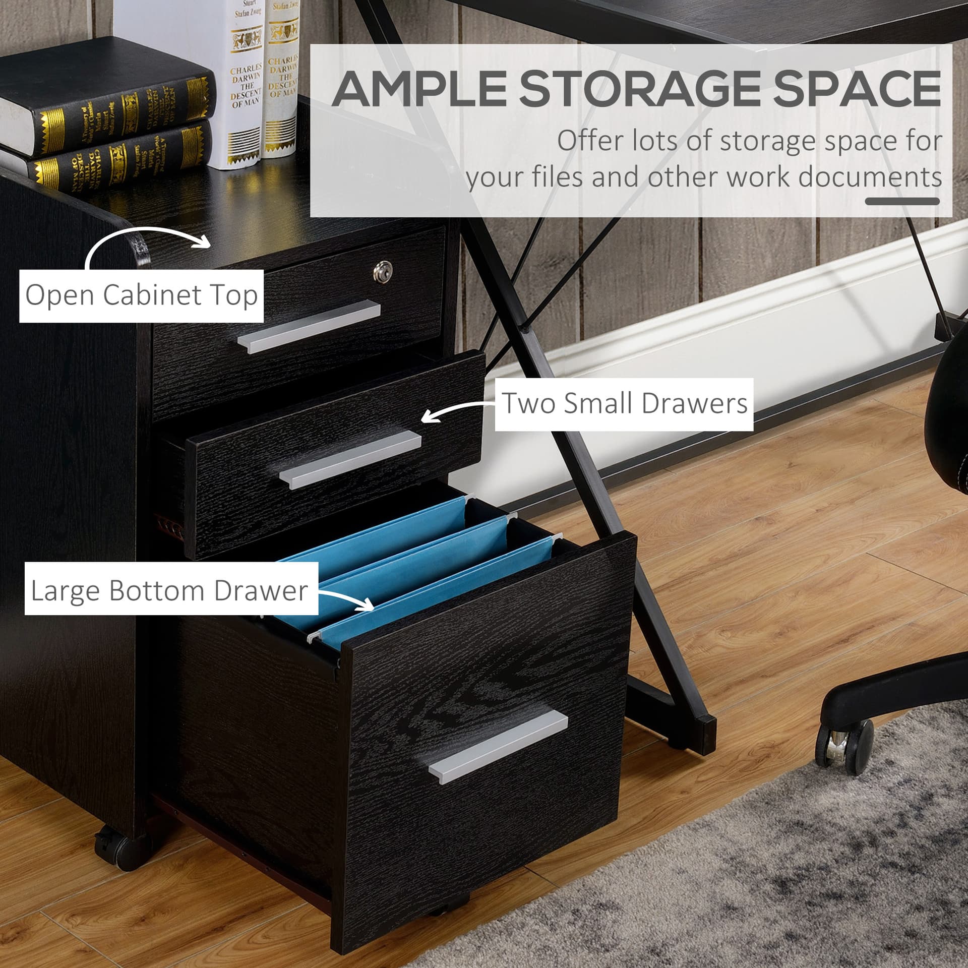 3 Drawer File Cabinet with Lock and Edged Top, Lockable Filing Cabinet on Wheels for Letter and A4 Size, Black