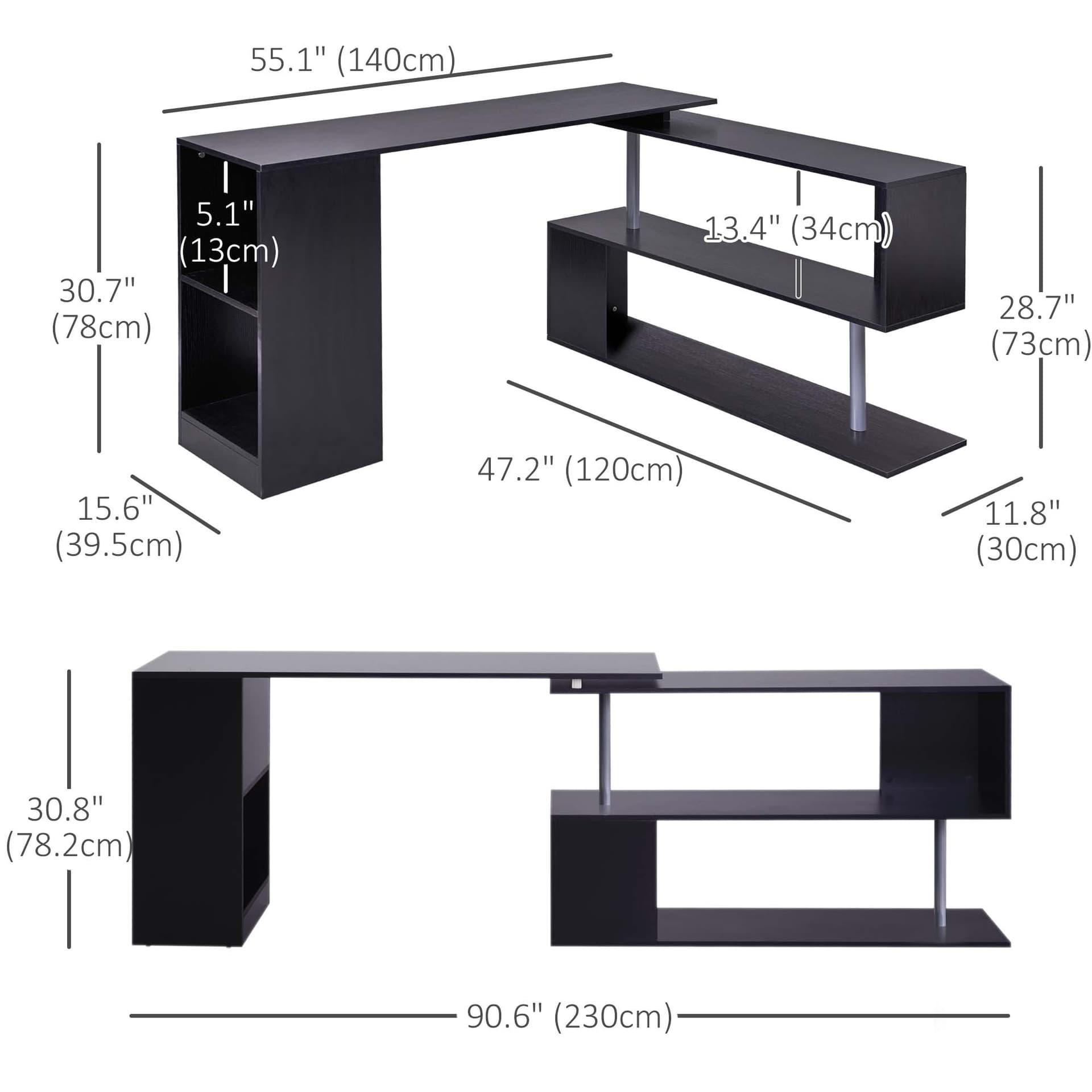 55" Corner Computer Desk, 360° Rotating L-Shaped Desk, Home Office Workstation with 3-Tier Shelves, Bookshelf, Black