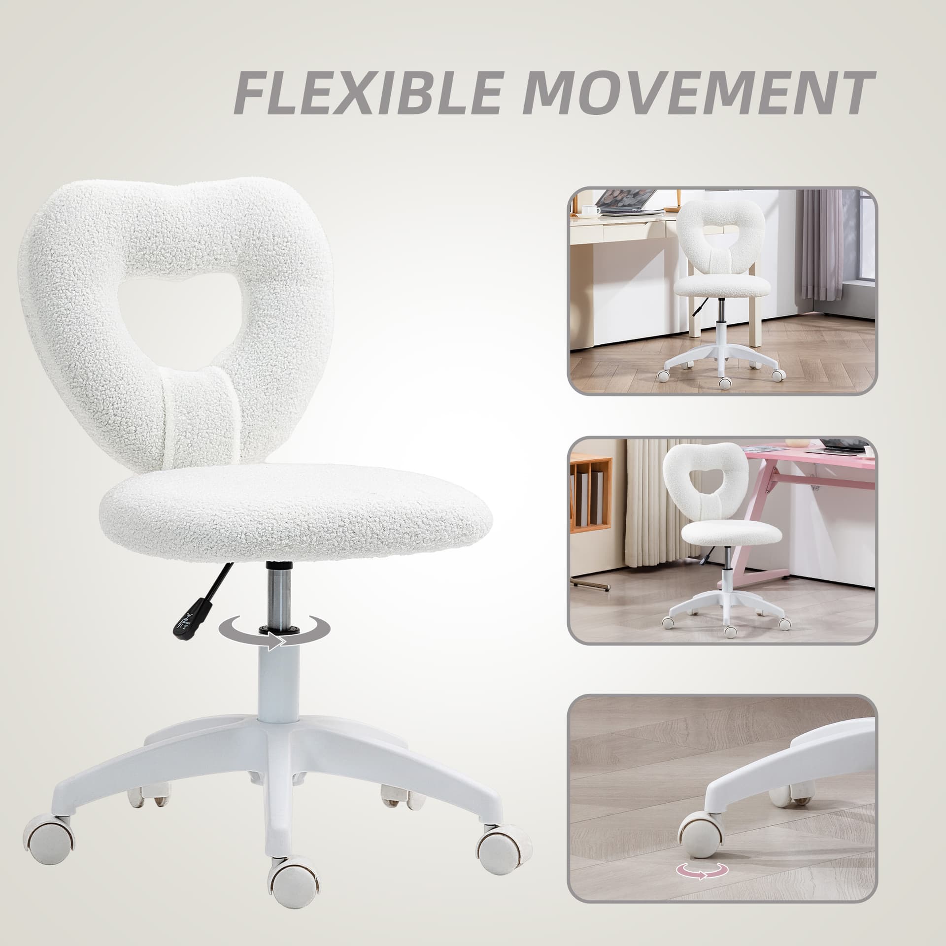 Armless Computer Desk Chair, Office Task Chair, Teddy Fleece Heart Makeup Vanity Chair with Swivel Wheels, White