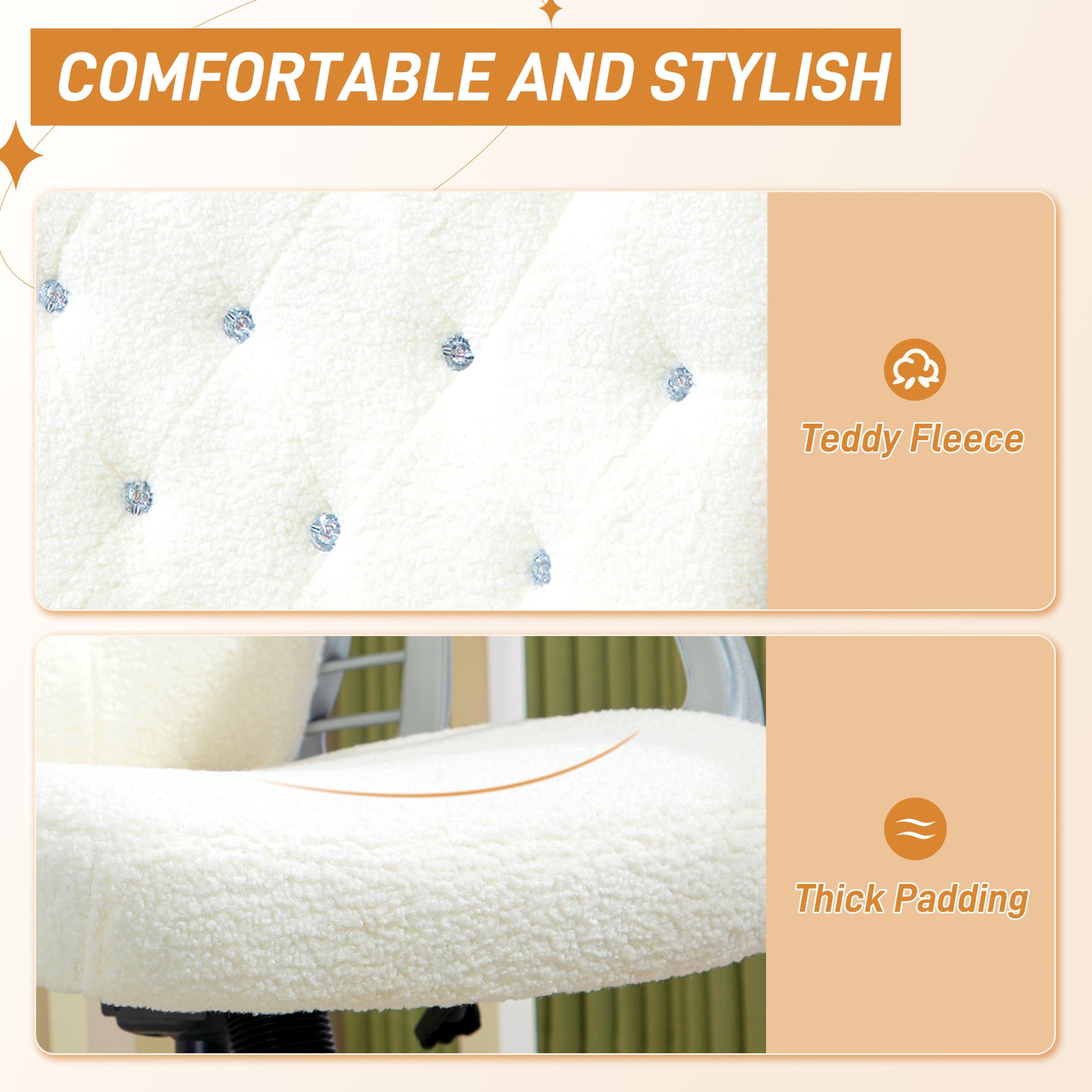 Teddy Fleece Computer Chair, Button Tufted Desk Chair with Swivel Wheels, Adjustable Height White