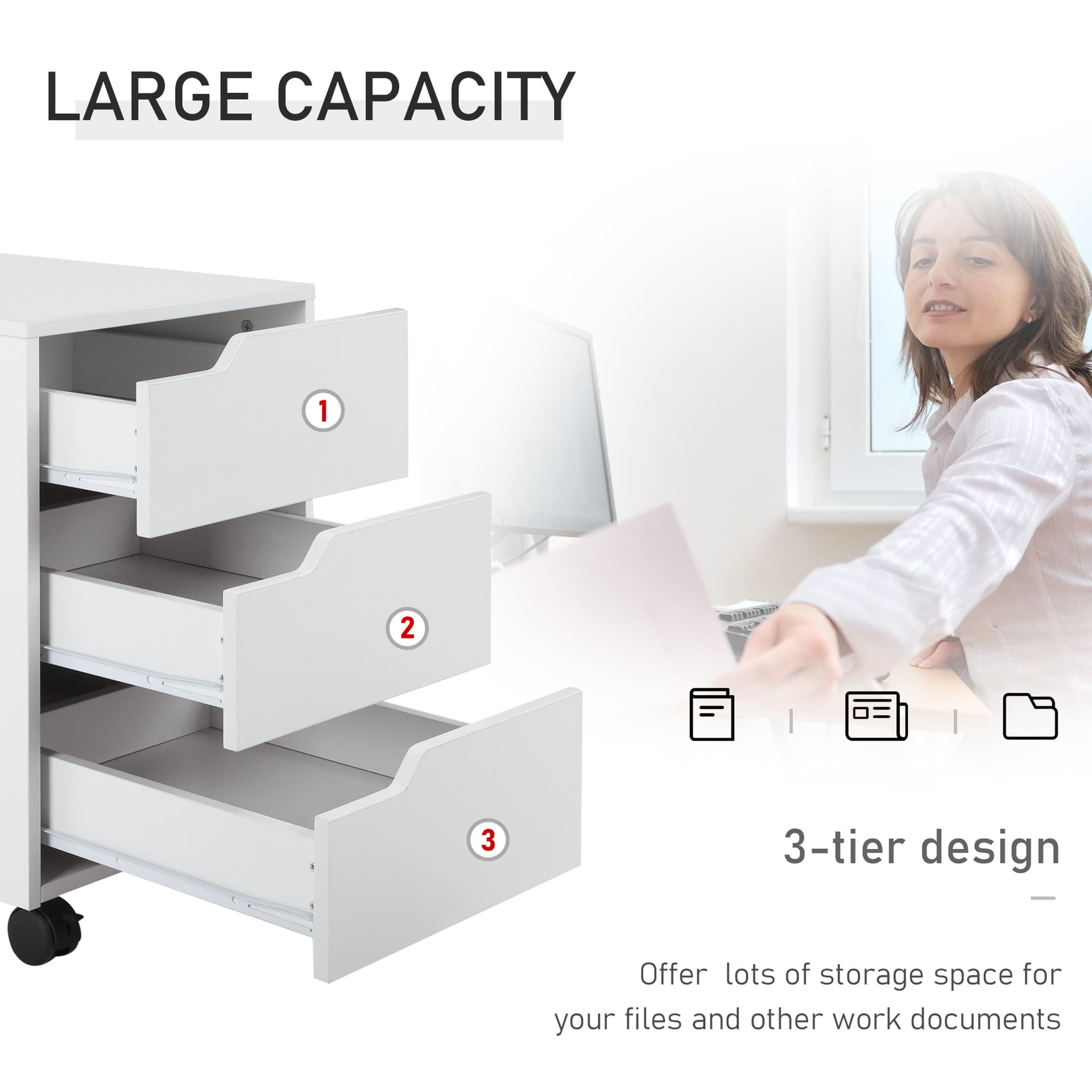 3 Drawer File Cabinet, Mobile Vertical Filing Cabinet with Wheels, Printer Stand with Storage for Home Office, White
