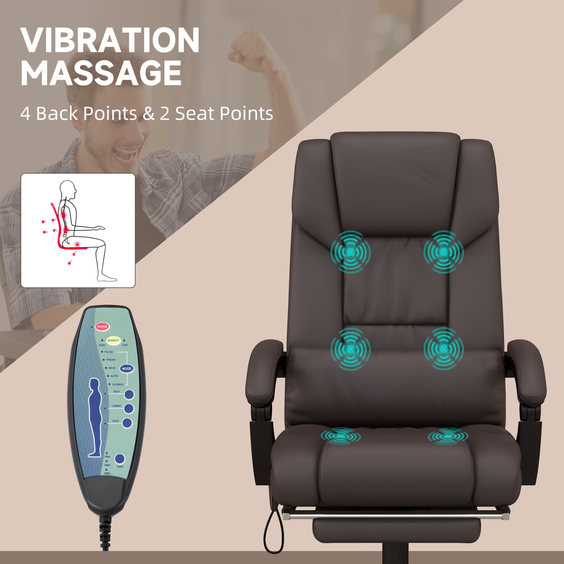 6-Point Vibration Massage Chair, Height Adjustable Reclining Computer Chair with Retractable Footrest, Brown