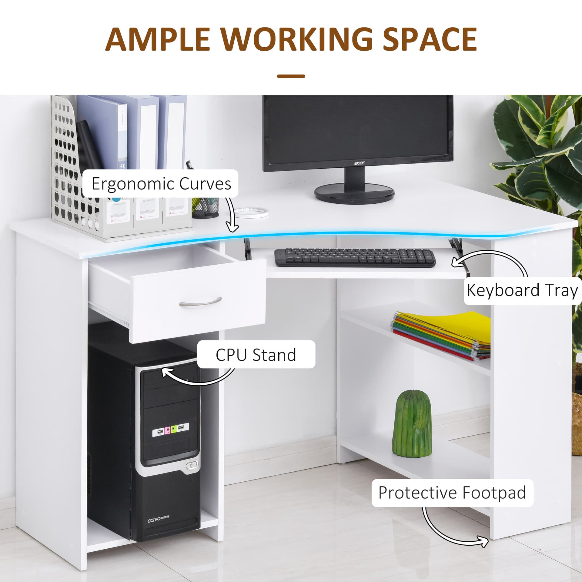 47" L-Shaped Desk with Keyboard Tray, Computer Corner Desk for Small Space with Shelves, Drawer, CPU Stand, Home Office Writing Table, White