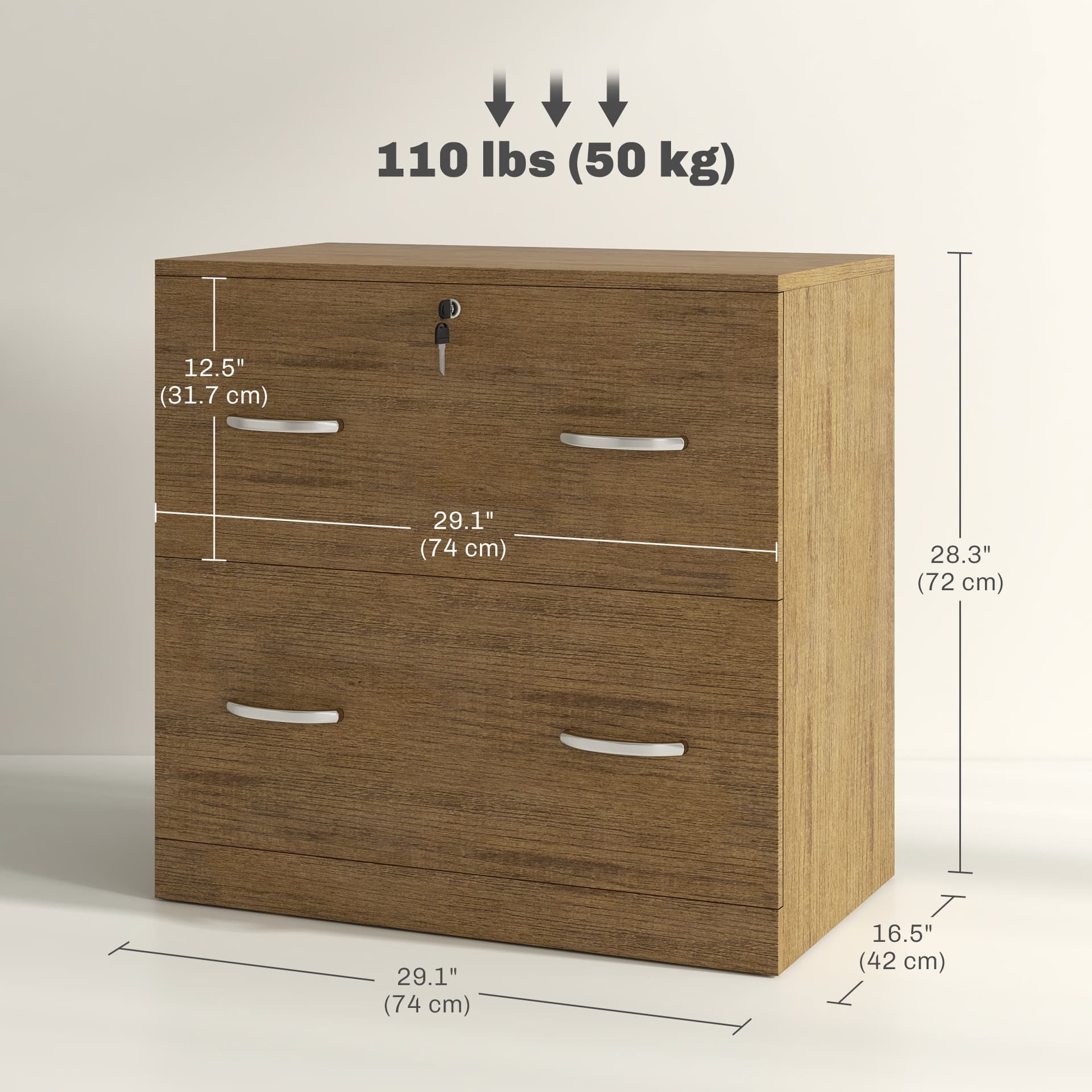 2 Drawer File Cabinet with Lock, Office Filing Cabinet, Hanging Bar for Letter Size, Home Office, Light Brown