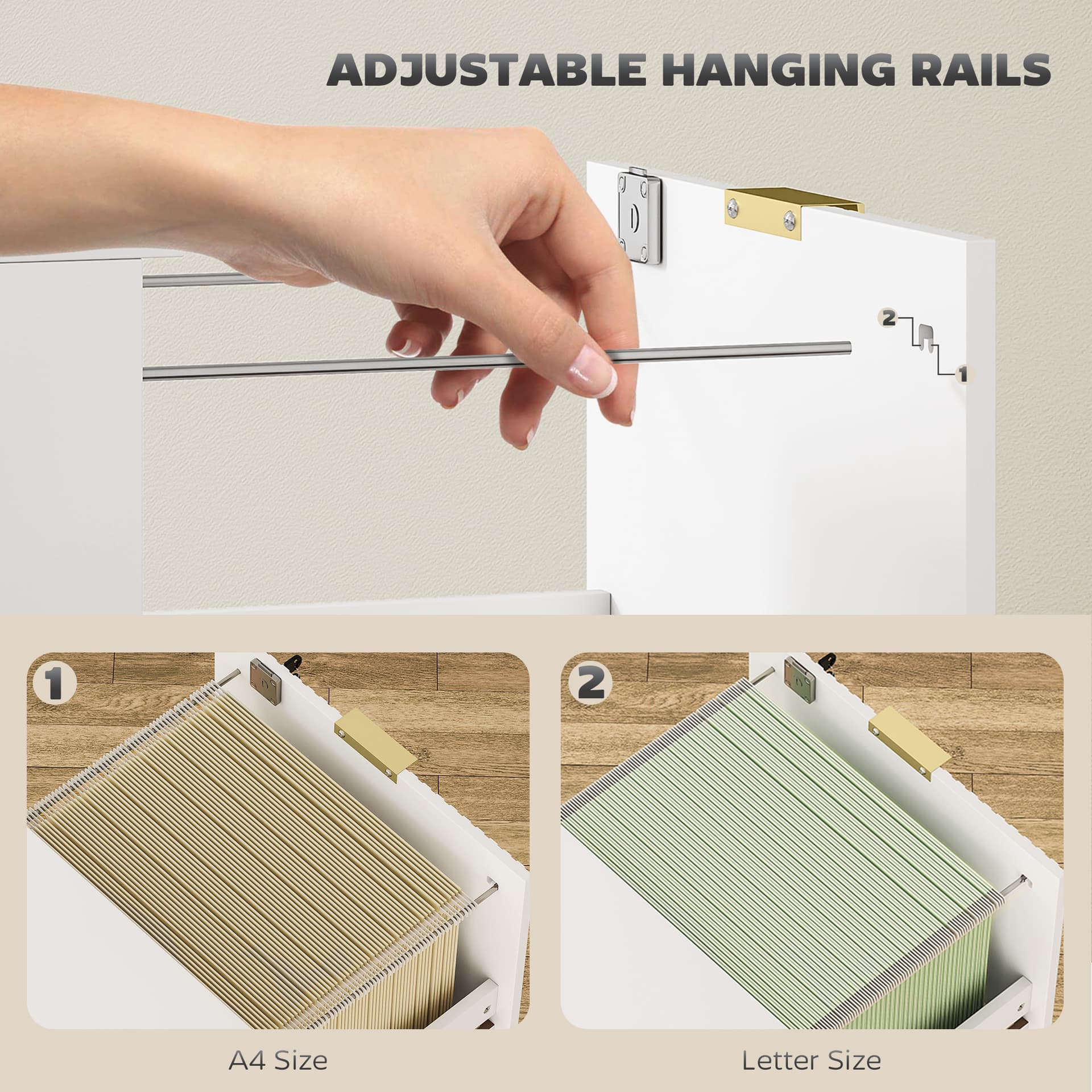 Lockable Filing Cabinet with 2 Fluted Drawers, File Cabinet with Adjustable Hanging Rails for A4 Letter Files, White