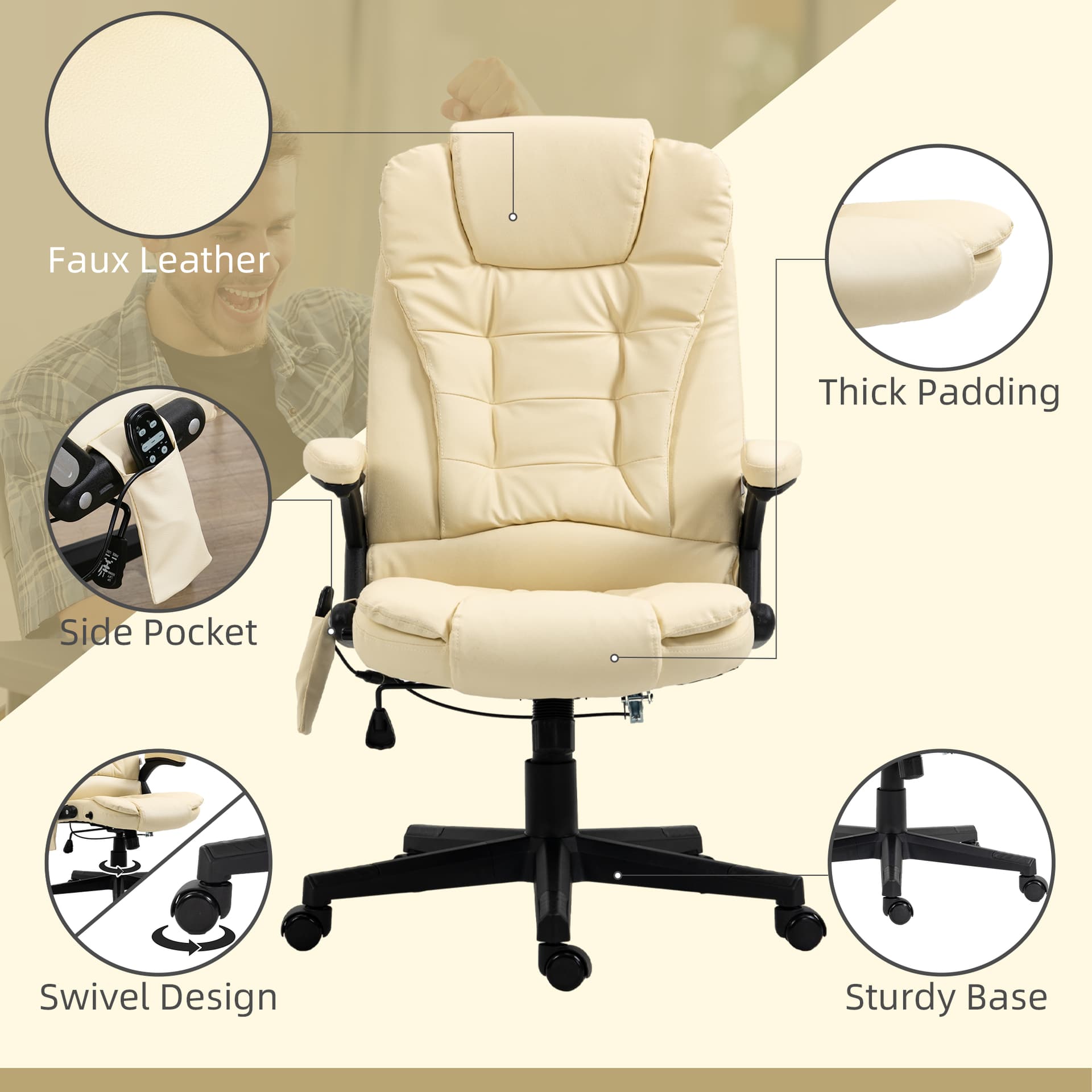 Office Chair Adjustable Heated Ergonomic Massage Swivel Vibrating High Back Leather Executive Chair Office Furniture (Beige)