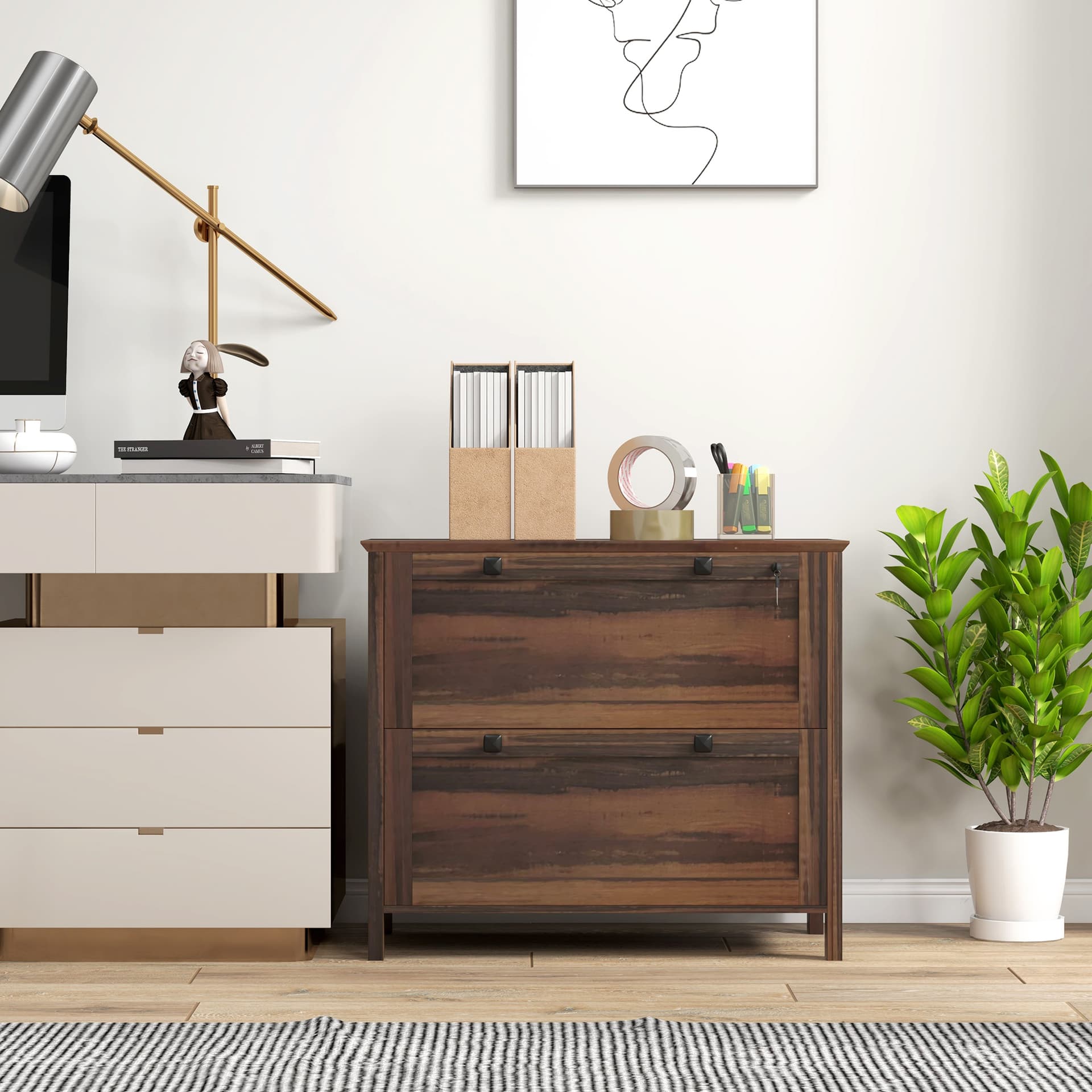 2 Drawer File Cabinet, Lockable Filing Cabinet with Adjustable Hanging Bar for Letter, A4 and Legal Size, Brown