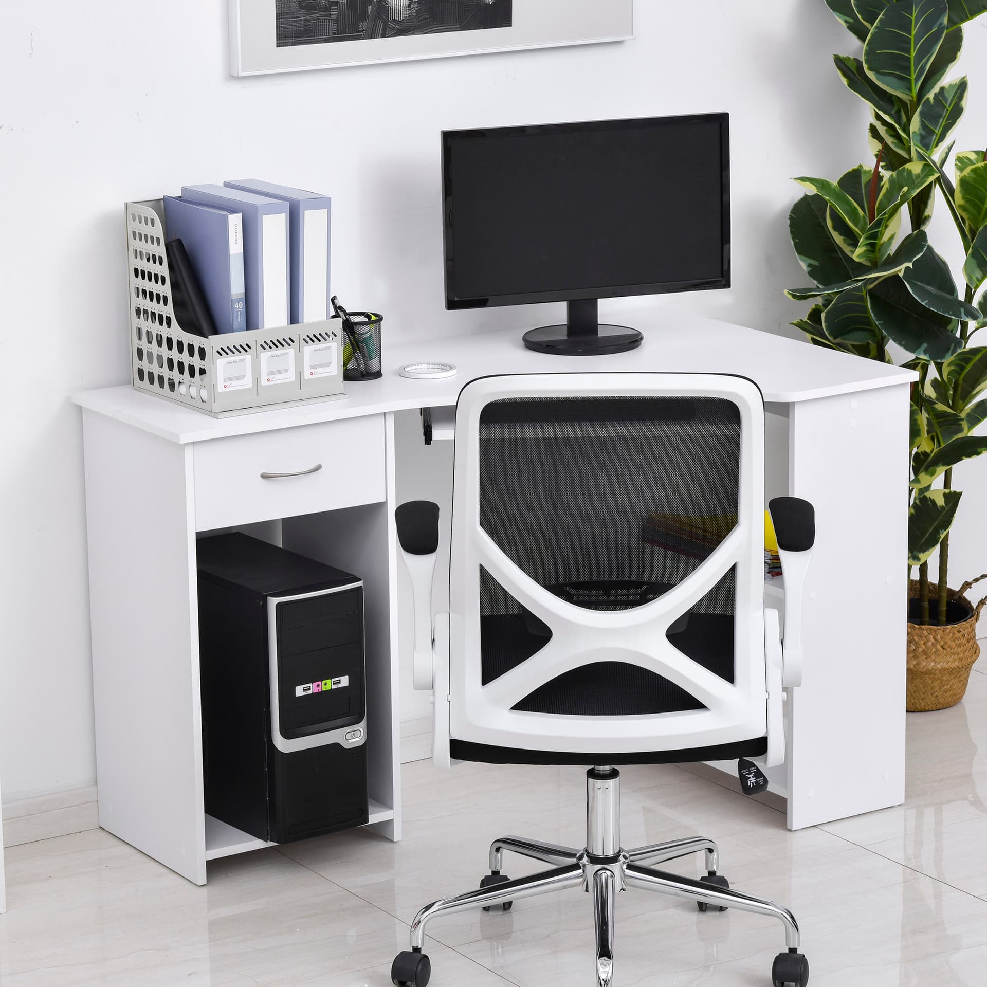 47" L-Shaped Desk with Keyboard Tray, Computer Corner Desk for Small Space with Shelves, Drawer, CPU Stand, Home Office Writing Table, White