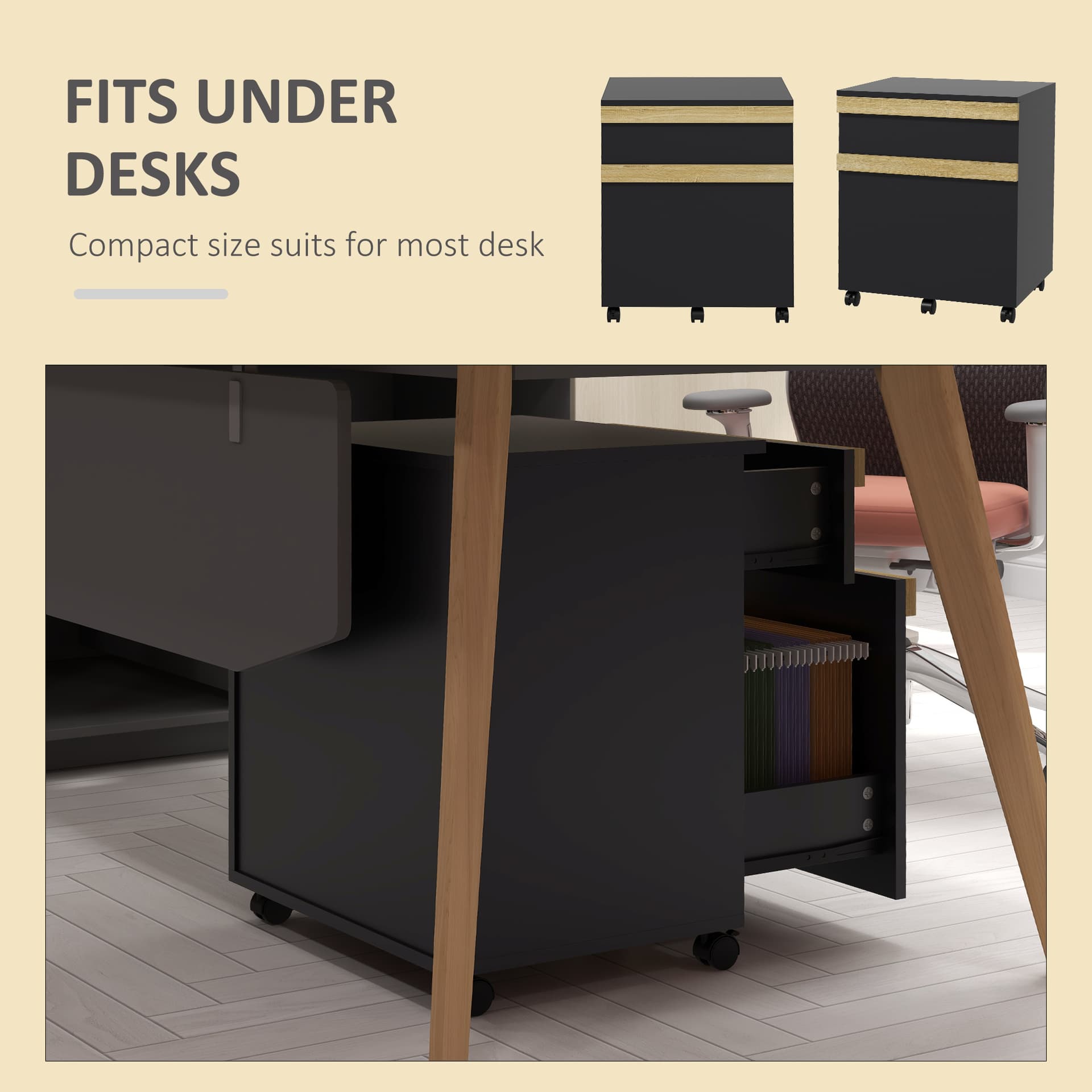 Mobile Filing Cabinet with 2 Drawers, Office Storage Cabinet with 5 Wheels, Black Wood Grain